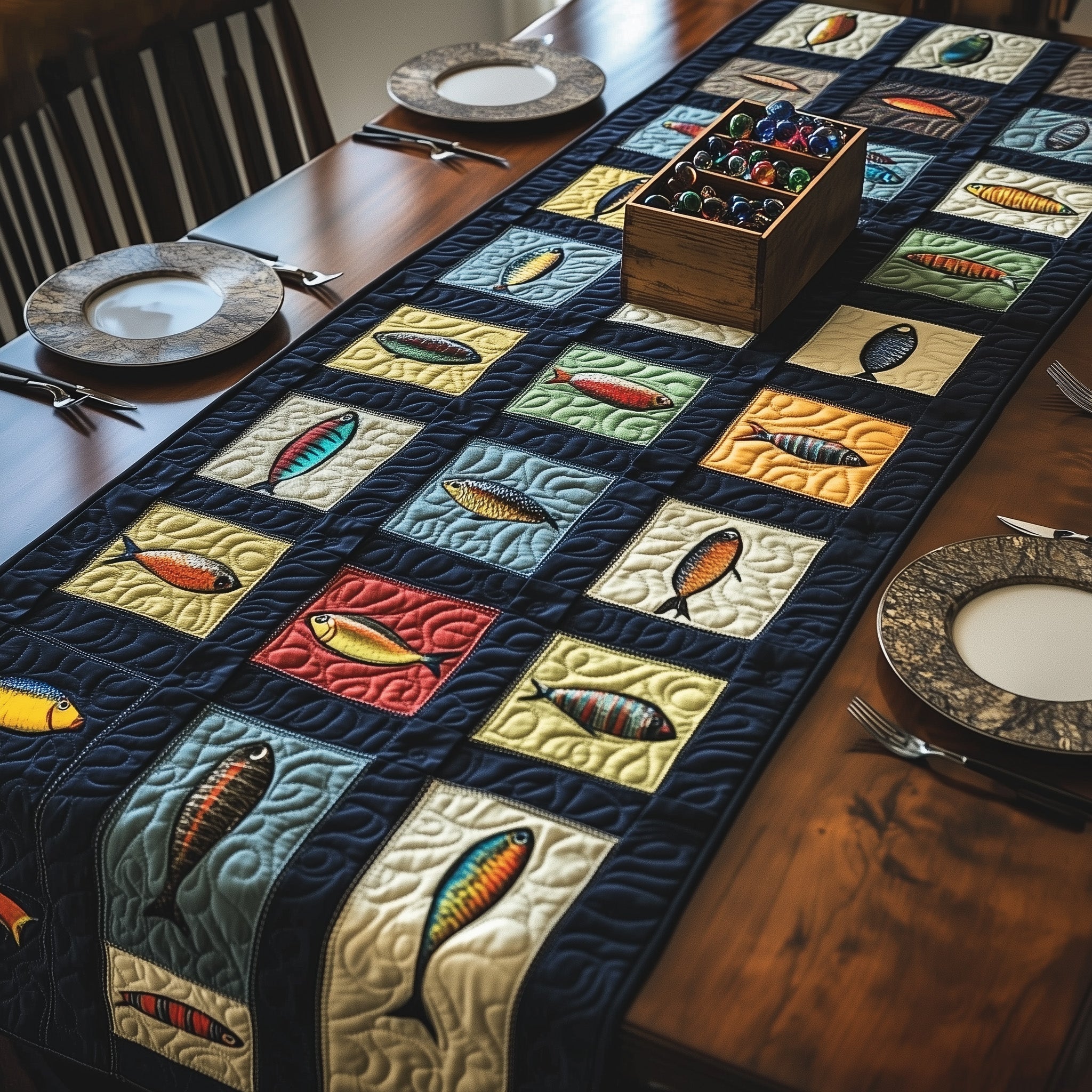 Fishing Delights Quilted Table Runner Coastal Table Runner Cool Gifts For Fishermen