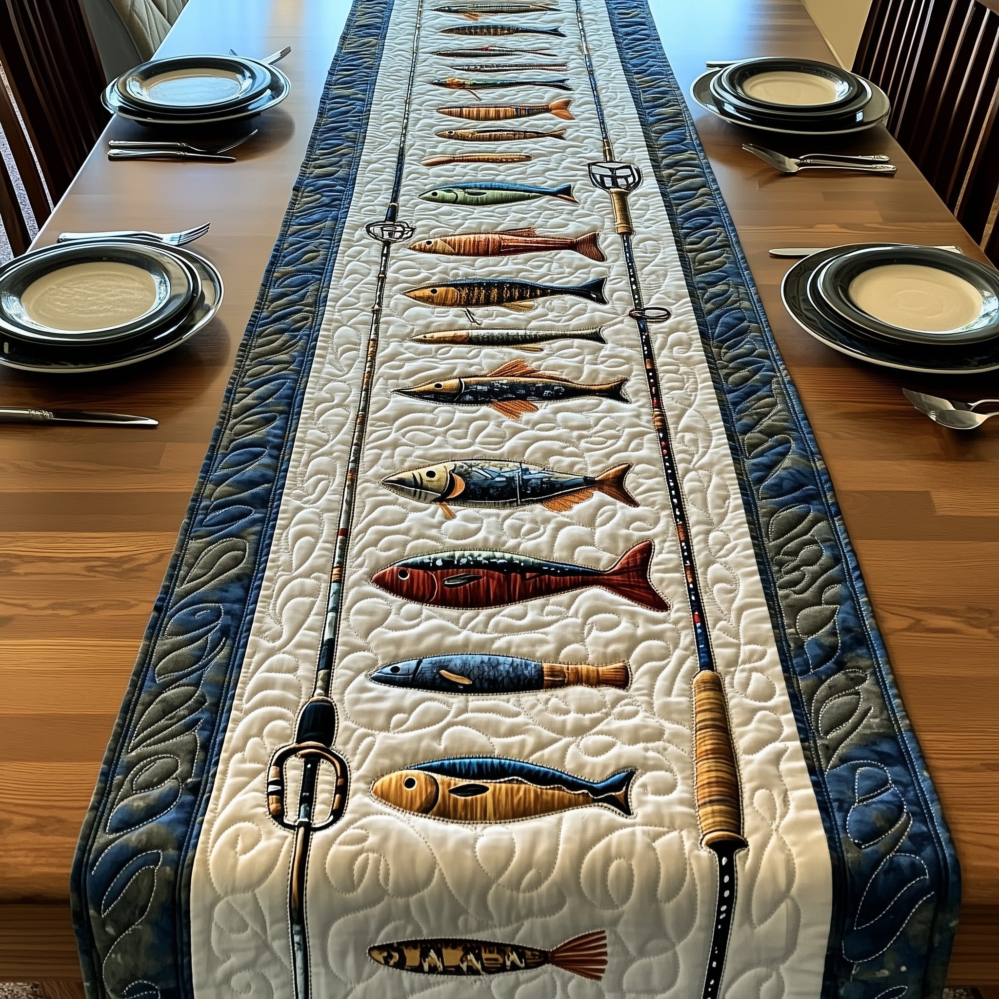 Fishing Delights Quilted Table Runner Ocean Themed Table Runners Father'S Day Gifts For Fisherman