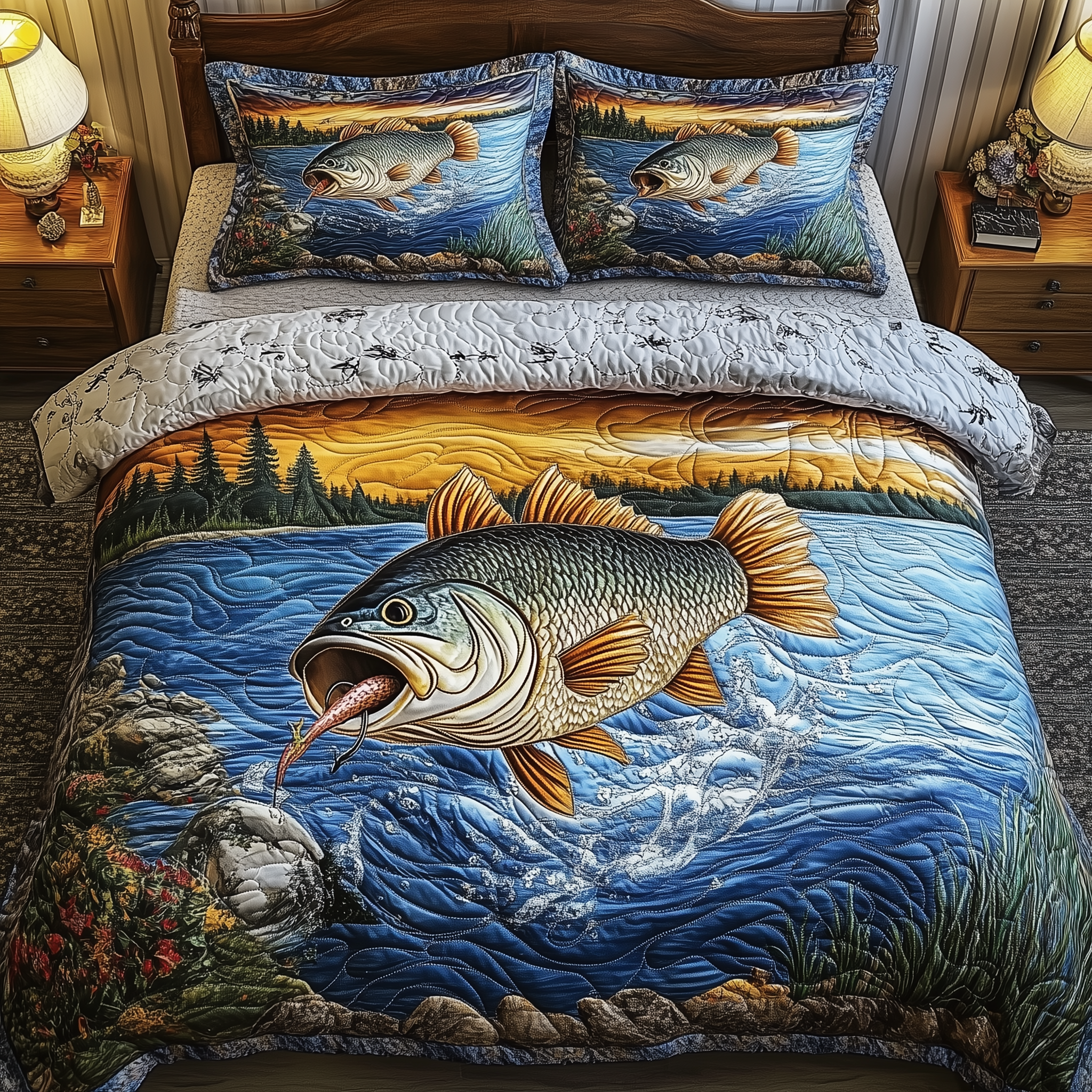 Fishing Life Quilted Bedding Set Bed Comforter Sets Fishing Gifts For Boyfriend