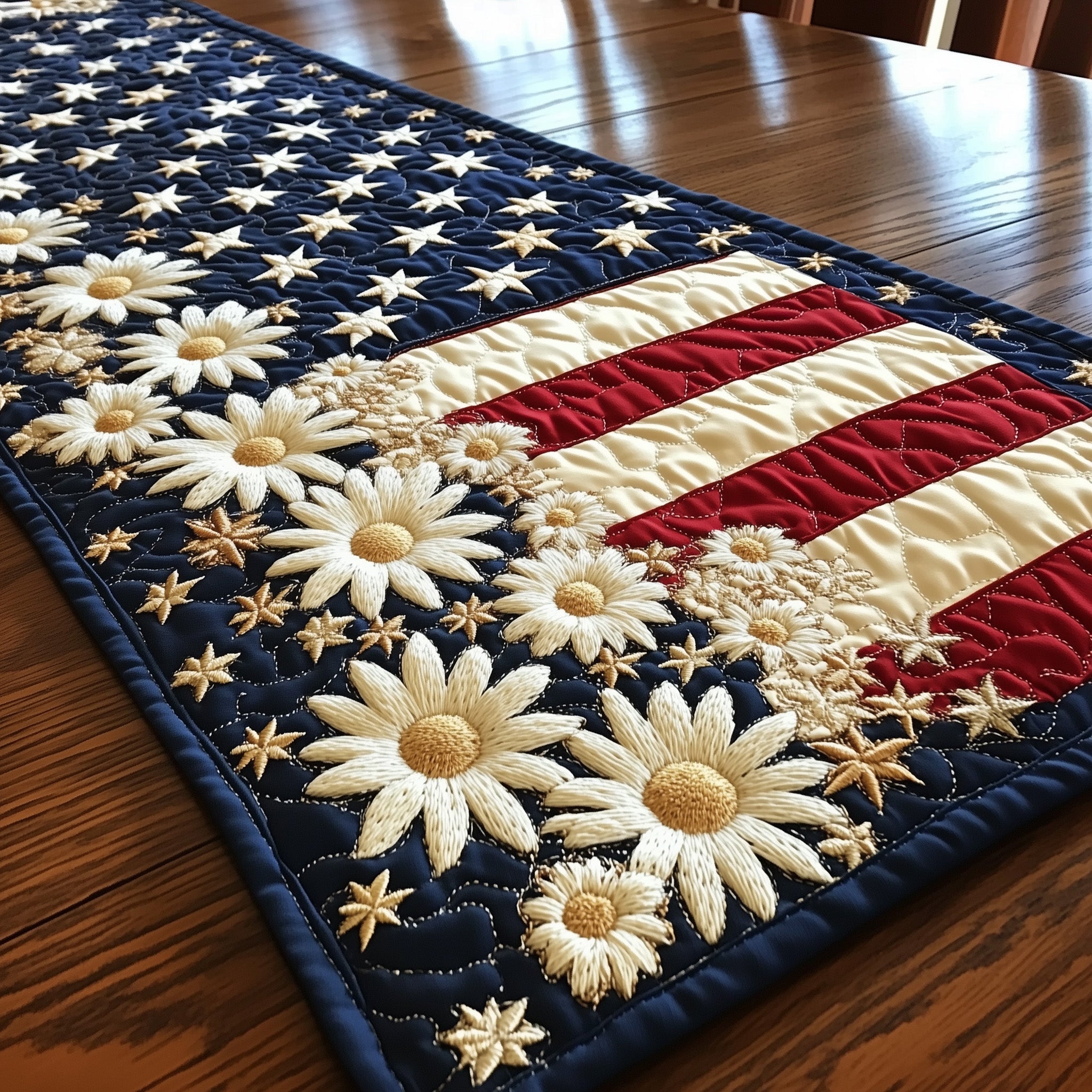 Flag and Flowers Quilted Table Runner Holiday Dining Table Decor 4Th July Gift Ideas