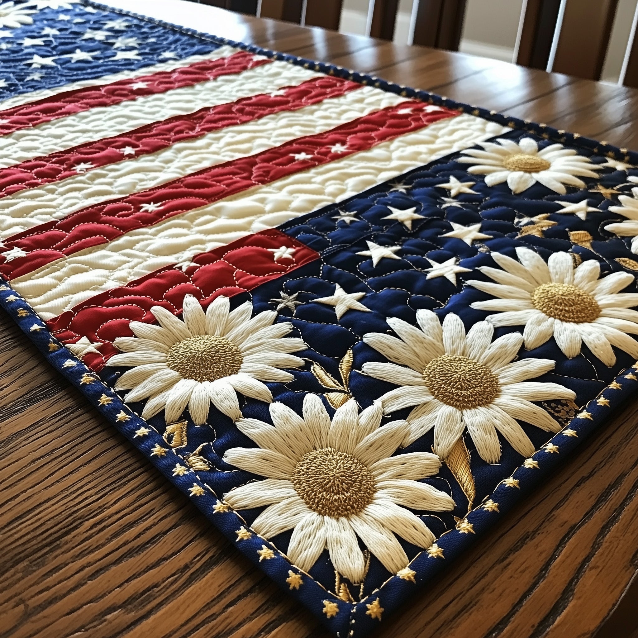 Flag and Flowers Quilted Table Runner Holiday Runner Dining 4Th Of July Gift Ideas