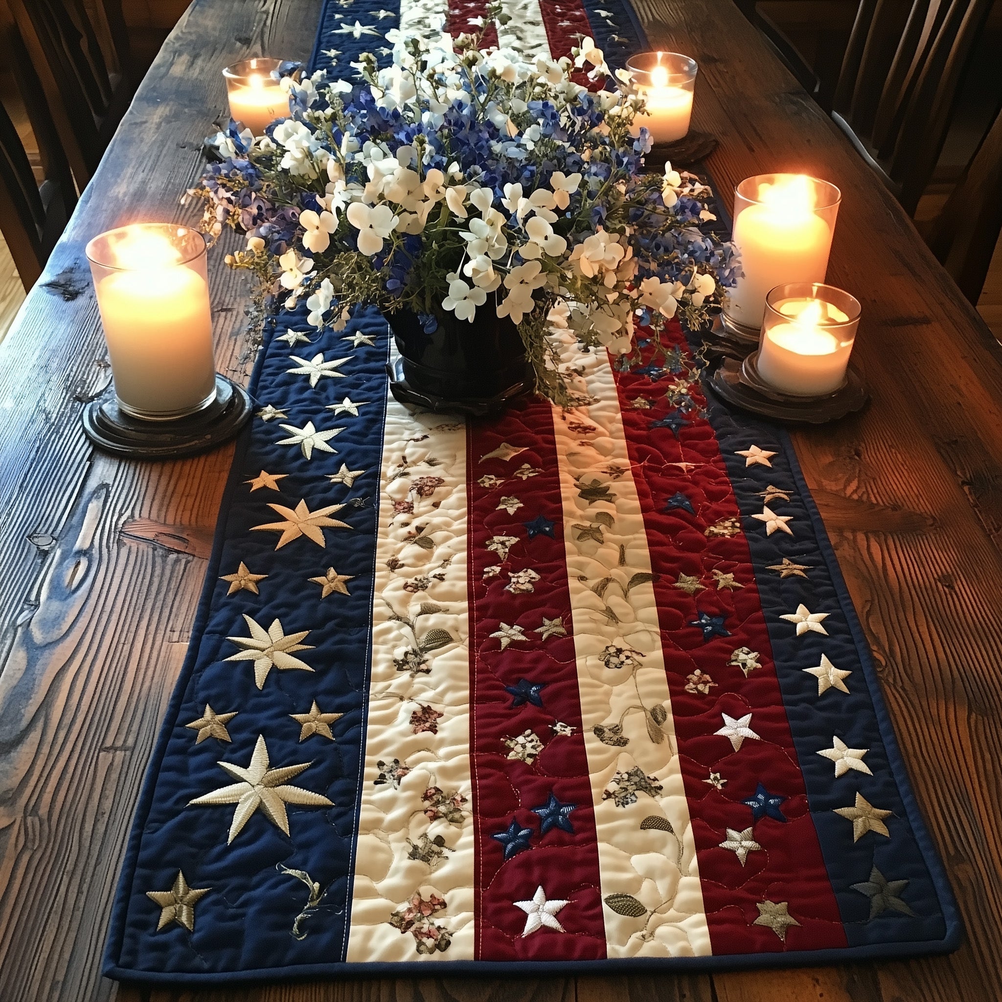 Flag and Flowers Quilted Table Runner Holiday Themed Table Runners Best 4Th Of July Gifts