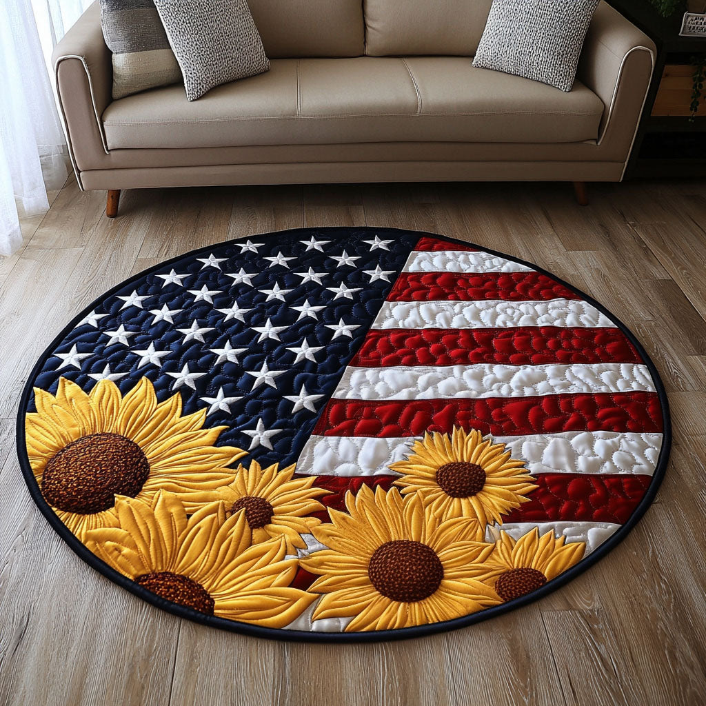 Flag with Sunflowers Quilted Round Mat Large Round Rugs For Living Room Patriotic Gift Items