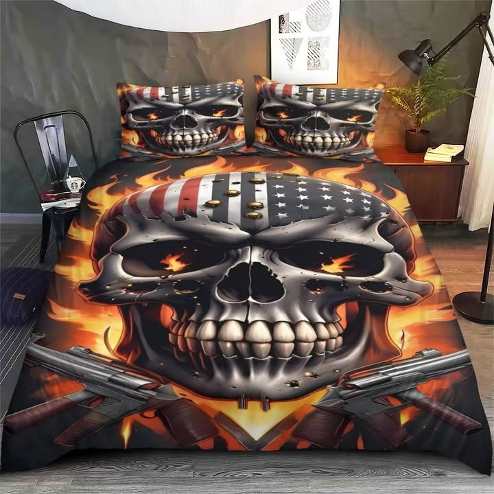 Flaming Skull Bedding Set American Flag Patriotic Bed Decor Gifts With Skulls On Them