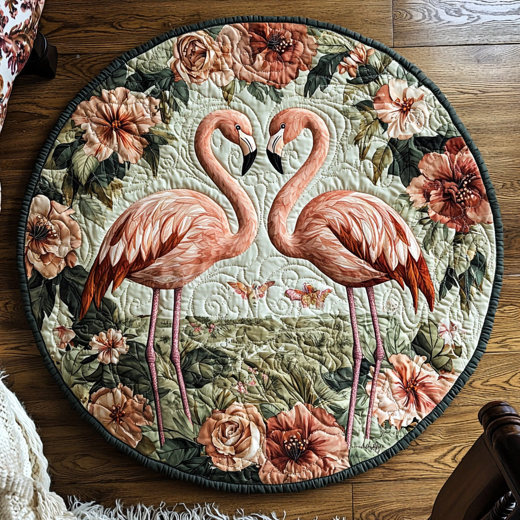 Flamingo Couple Quilted Round Mat Indoor Round Rugs Gifts For Flamingo Lovers