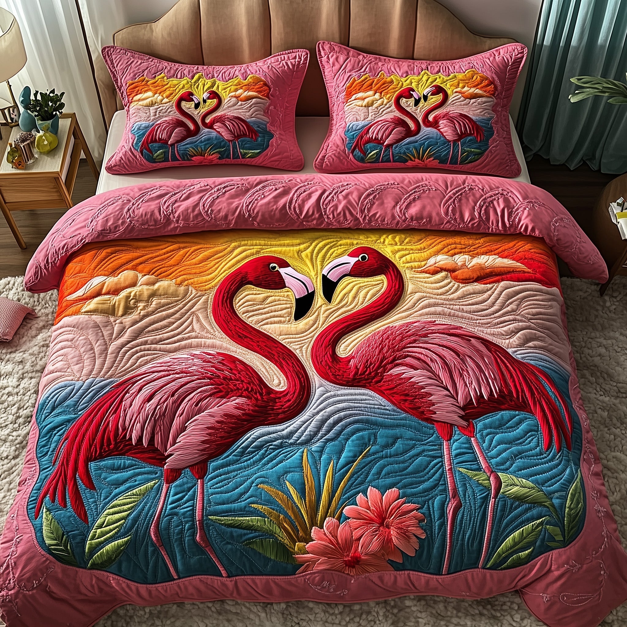 Flamingo Embrace Quilted Bedding Set King Comforter Sets Pink Flamingo Gifts
