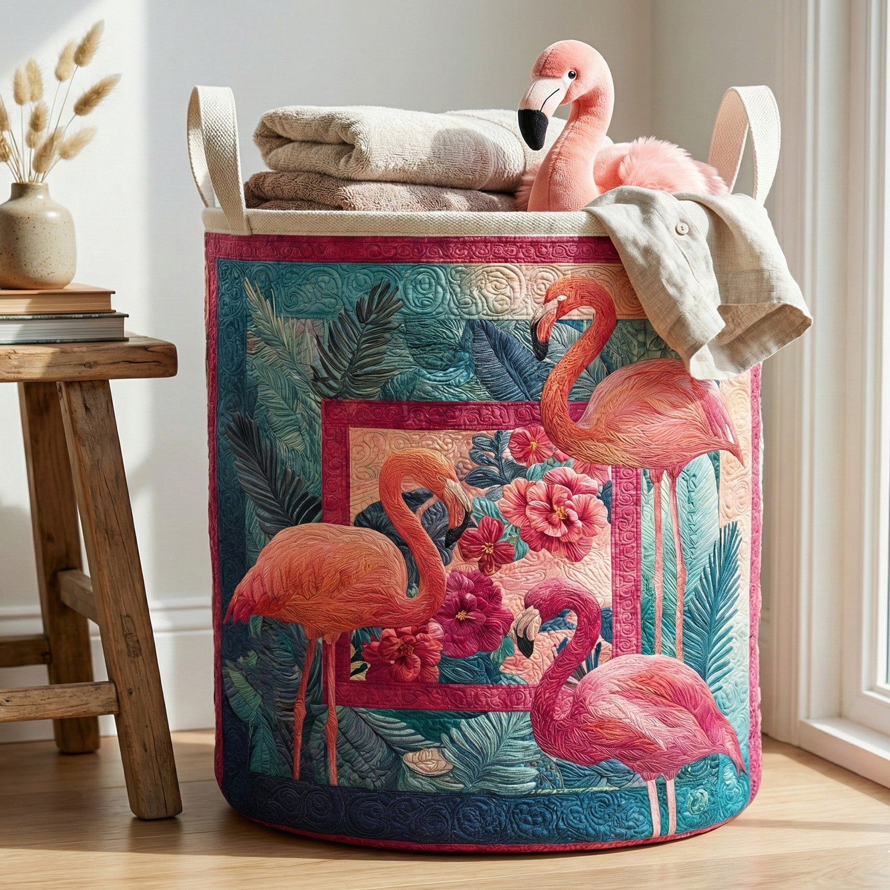 Flamingo Garden Quilted Laundry Basket Clothes Basket Storage Cute Flamingo Stuff
