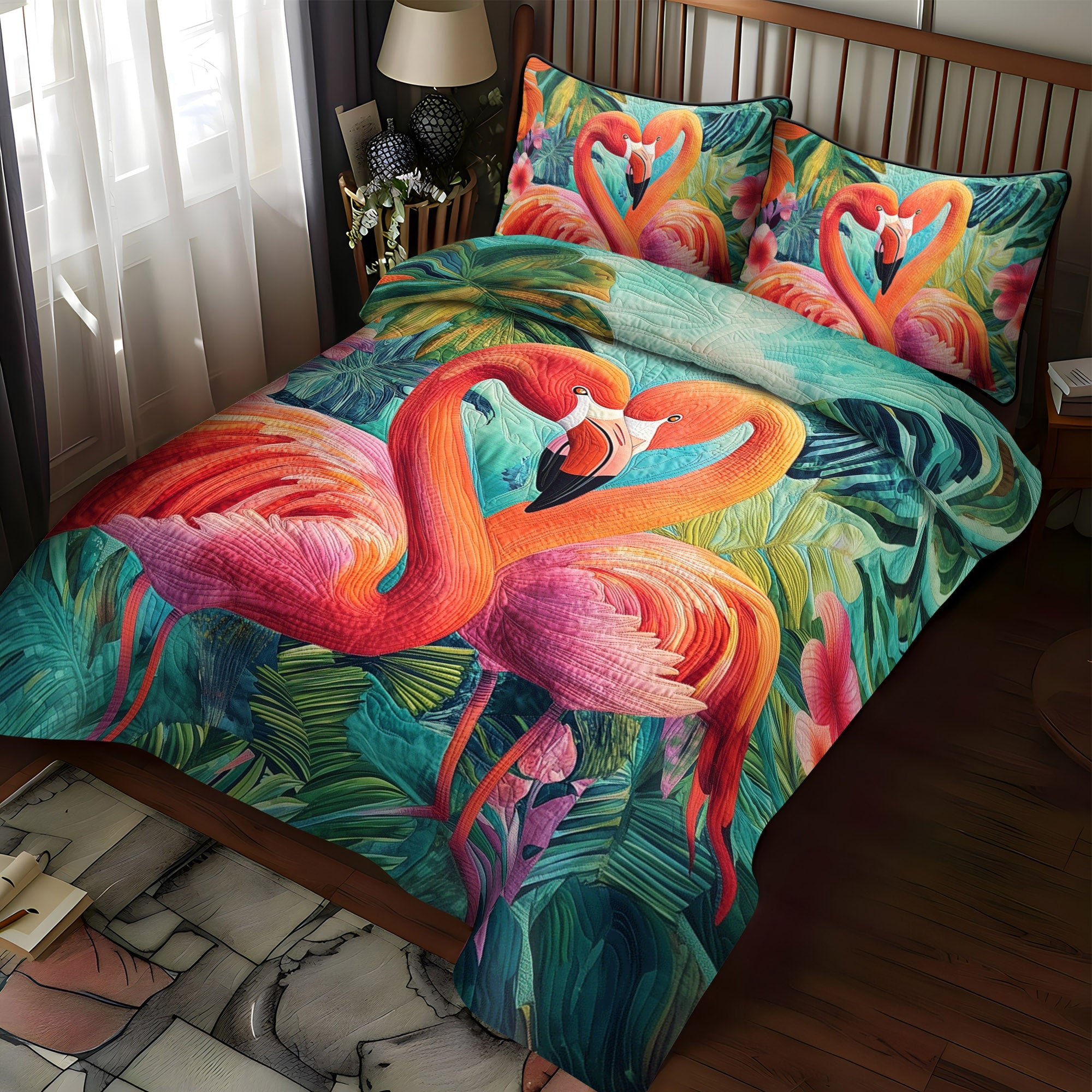 Flamingo Glow Quilted Bedding Set Bed Decorations Flamingo Mothers Day Gifts