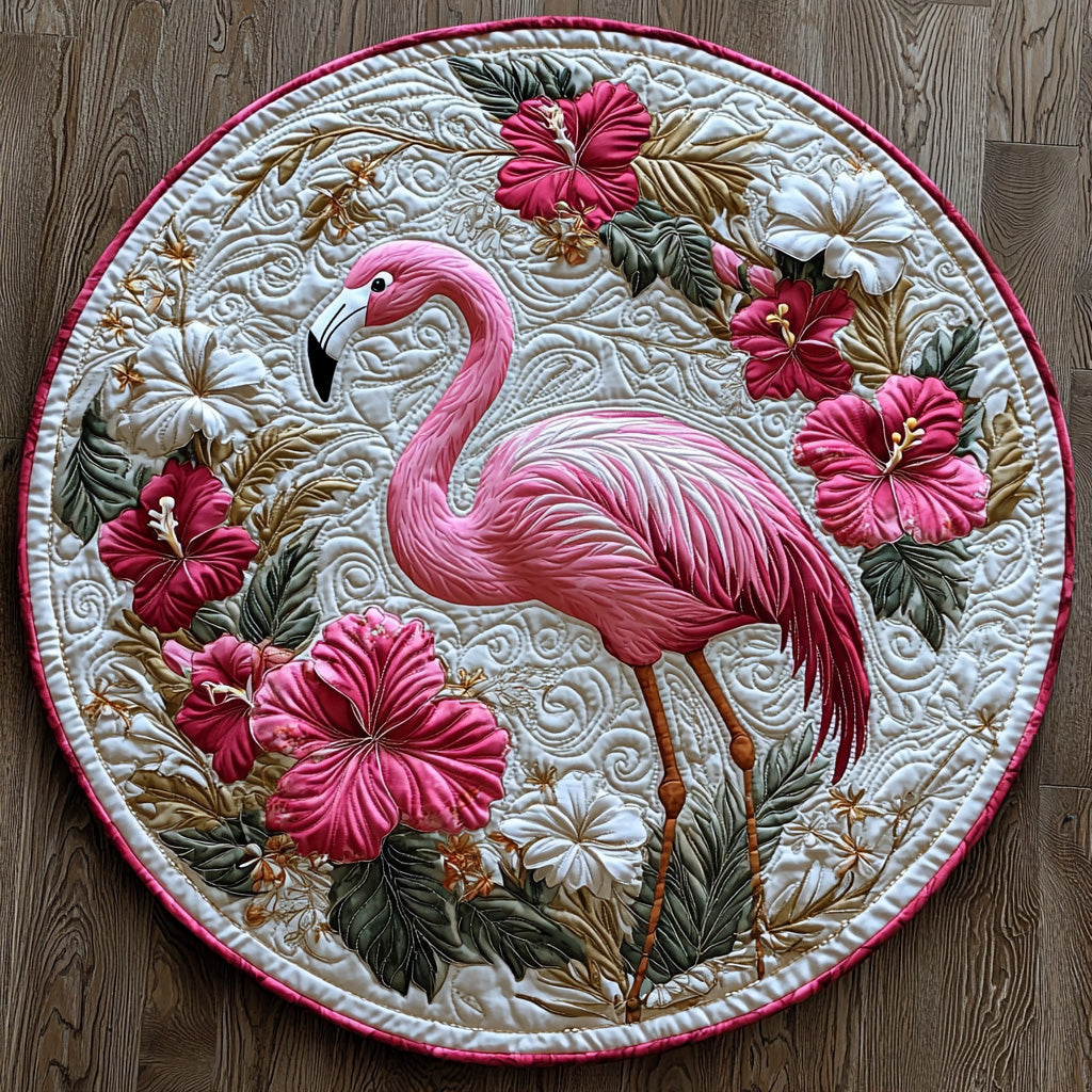 Flamingo Glow Quilted Round Mat Round Area Rug Living Room Flamingo Theme Gifts