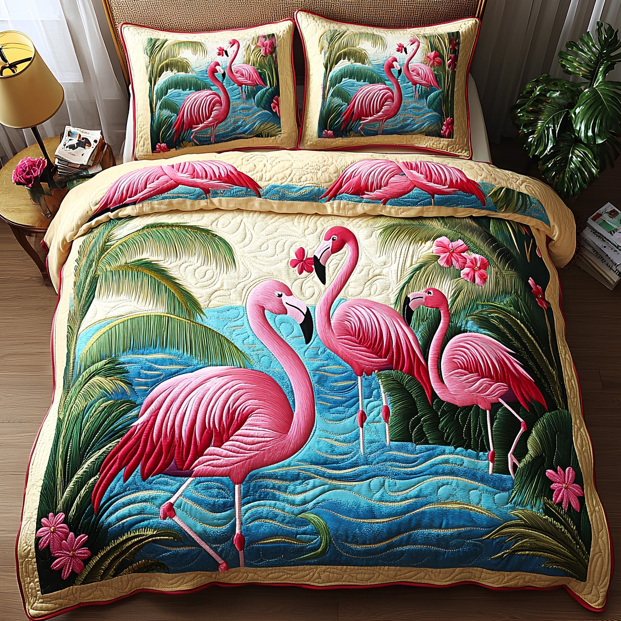 Flamingo Quilted Bedding Set Cover Bed Set Flamingo Christmas Gifts