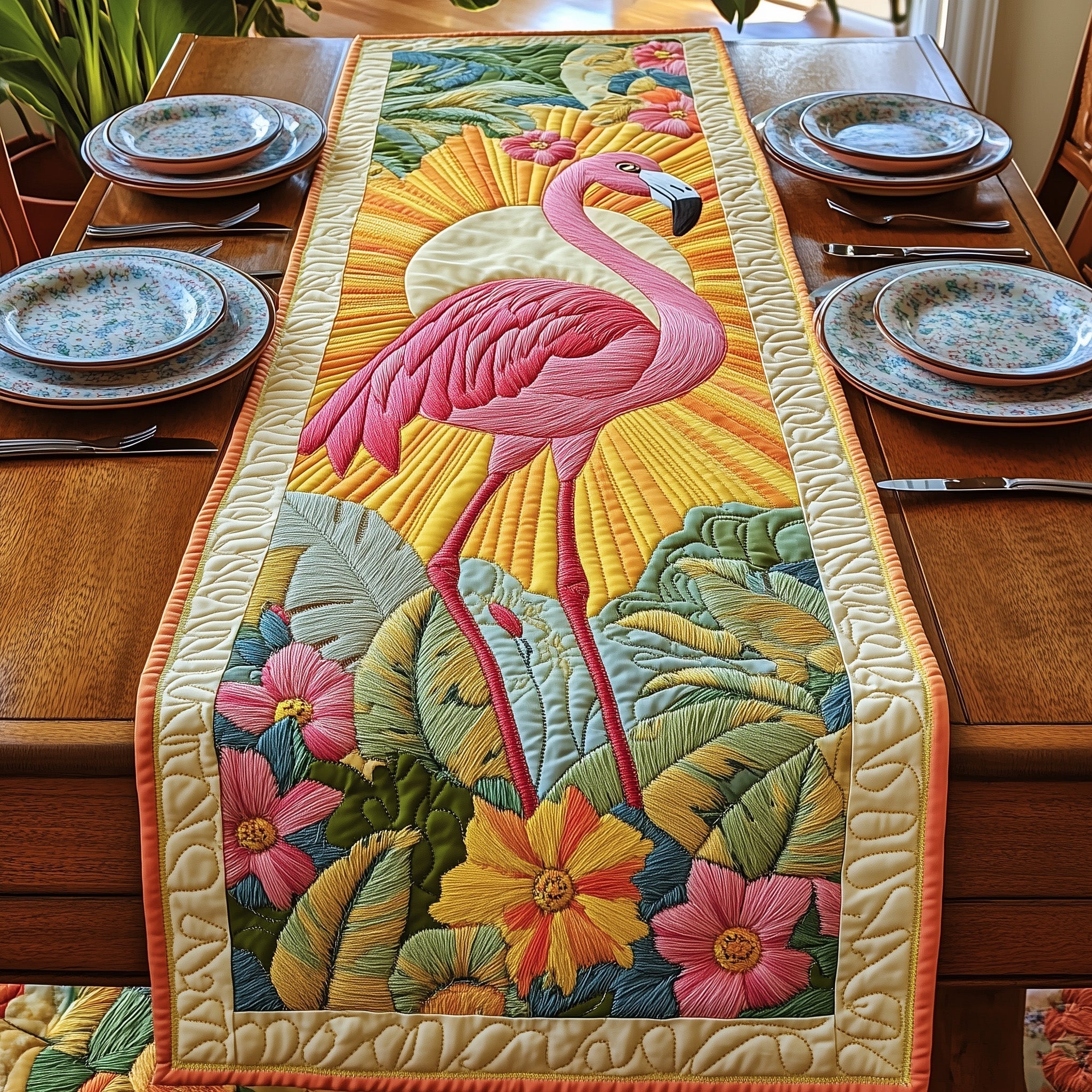 Flamingo Quilted Table Runner Bohemian Style Table Runner Cool Flamingo Gifts