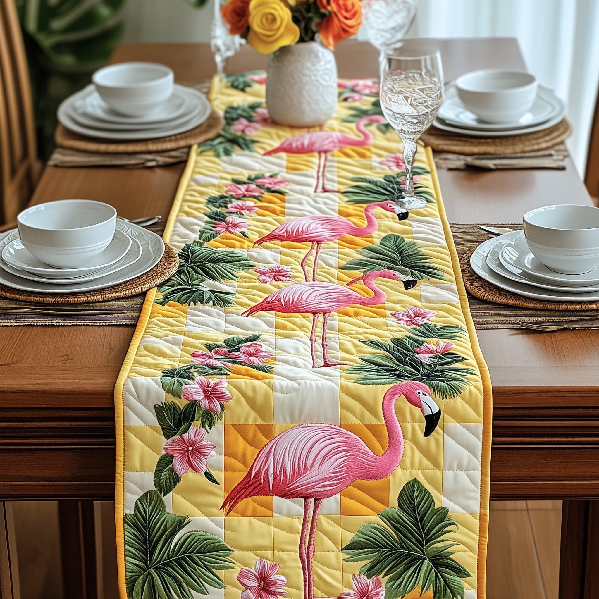 Flamingo Quilted Table Runner Tropical Table Runner Flamingo Birthday Gift Ideas