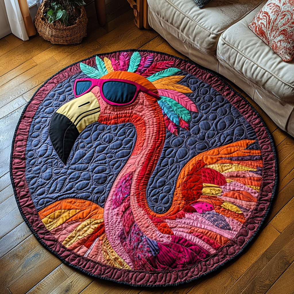 Flamingo Vibes Quilted Round Mat Rug With Circles Unique Pink Flamingo Gifts