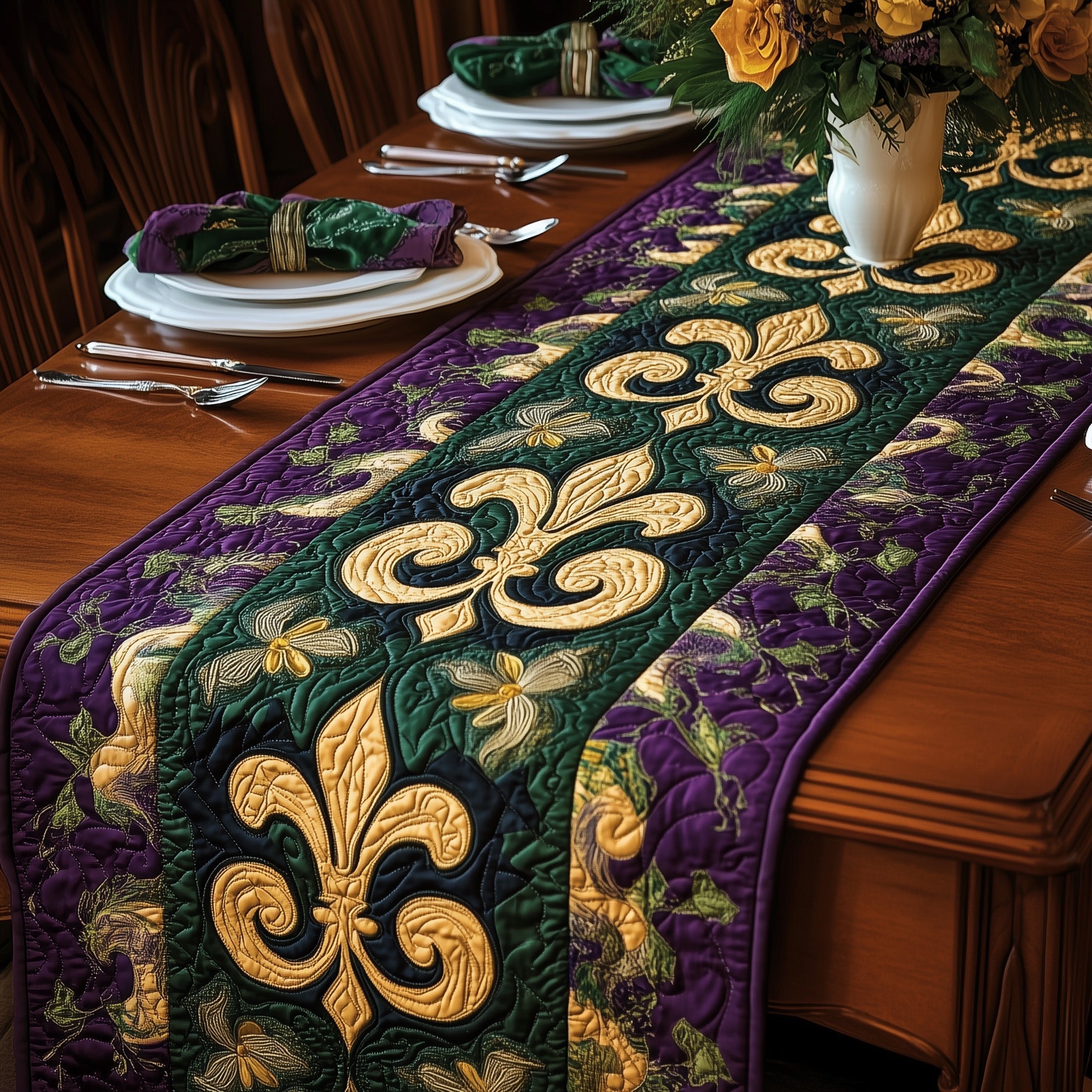 Fleur de lis Carnival Quilted Table Runner Kitchen Table Decor Mardi Gras Presents