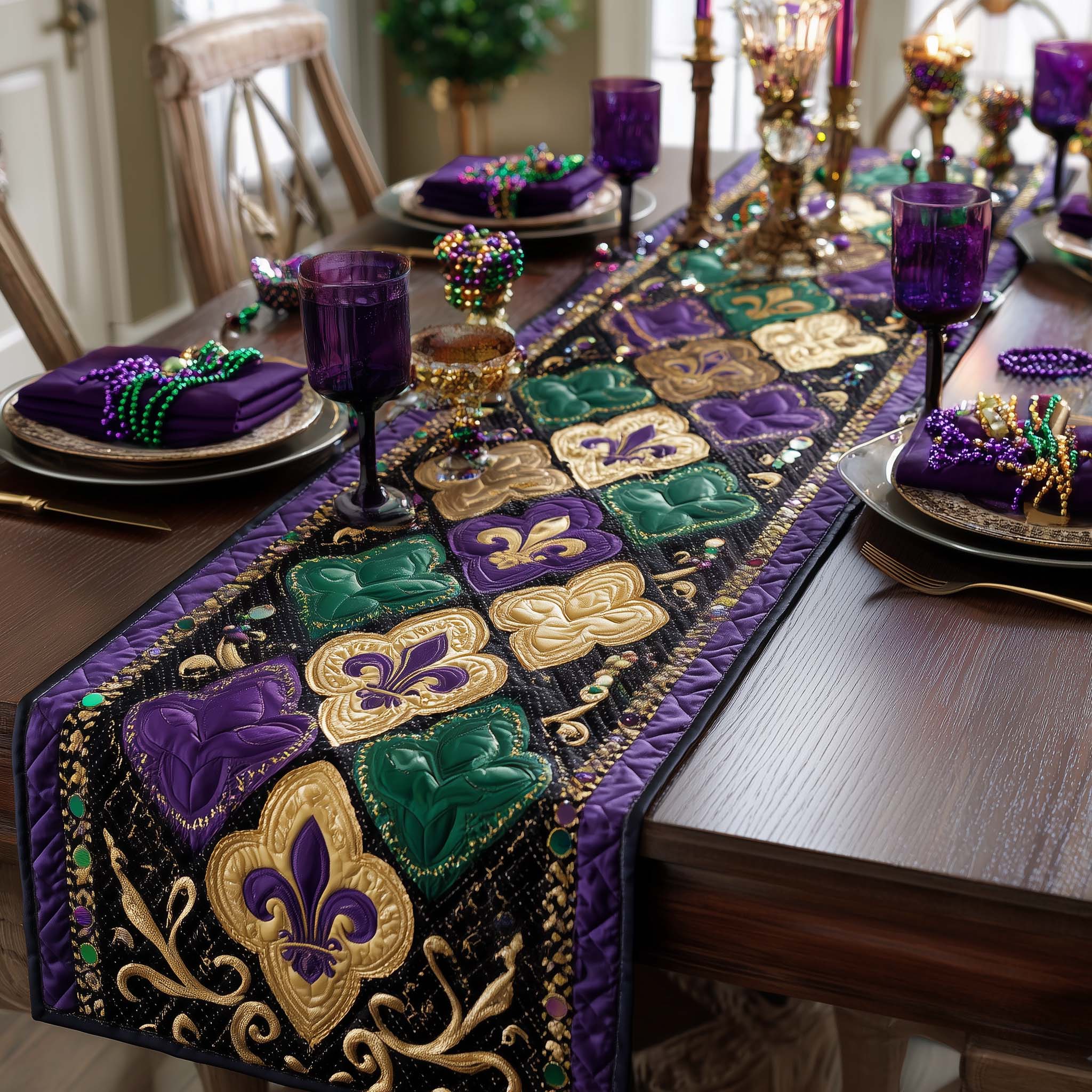 Fleur De Lis Quilted Table Runner Dining Decor Mardi Gras King Gifts
