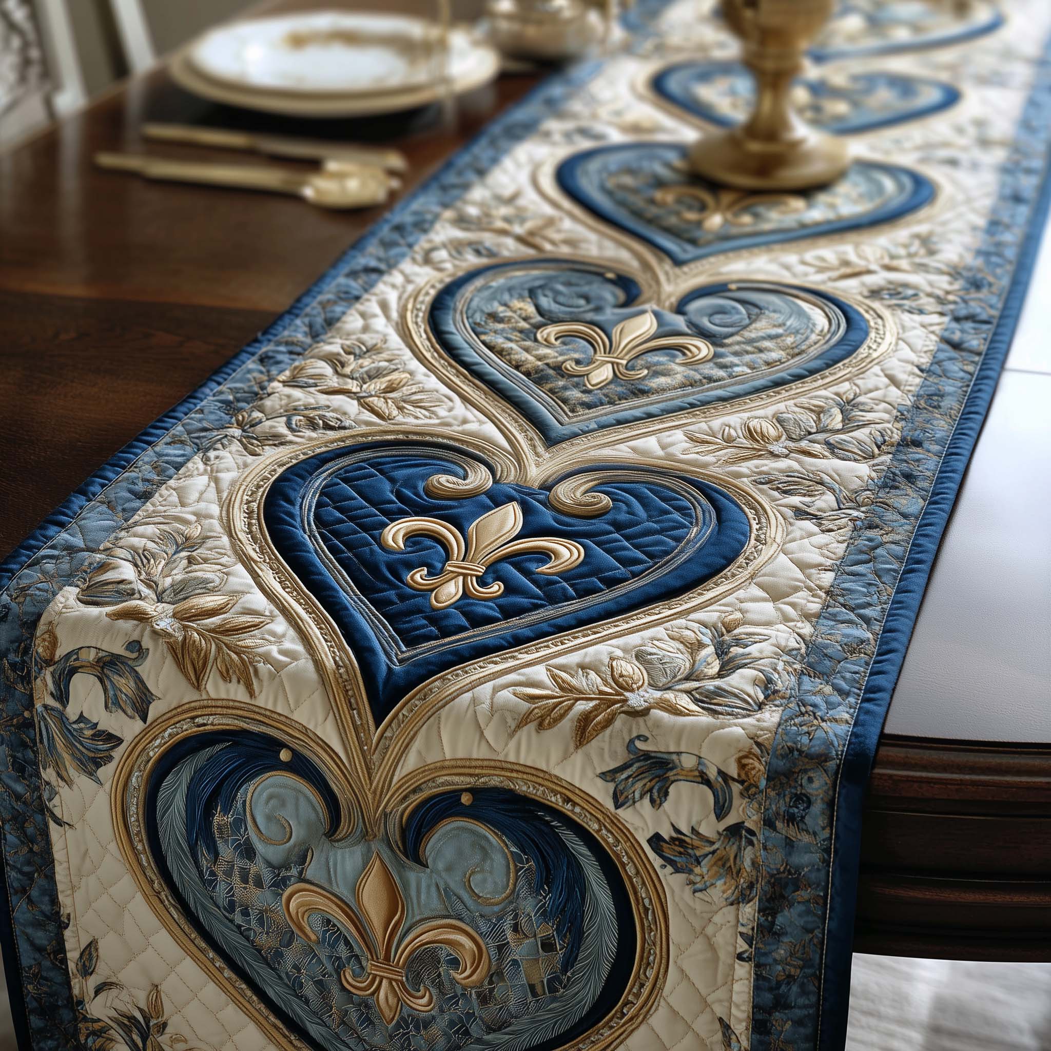 Fleur De Lis Quilted Table Runner Dining Room Decor Mardi Gras Gifts For Her