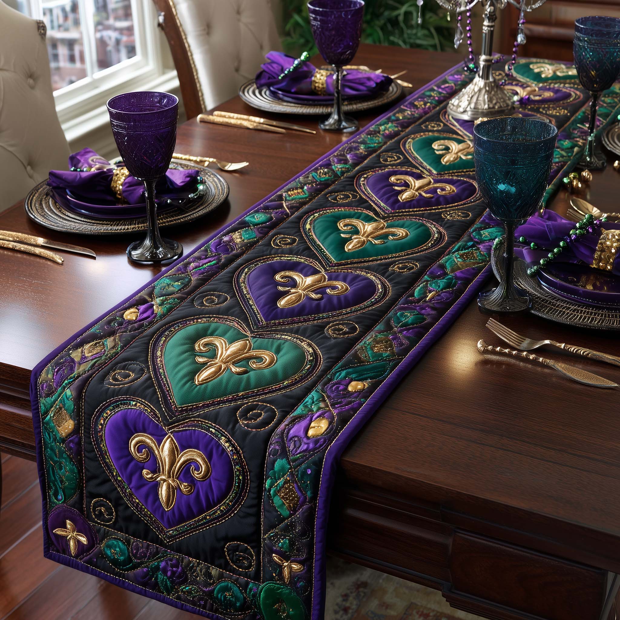 Fleur De Lis Quilted Table Runner Holiday Table Throw Mardi Gras Themed Gifts
