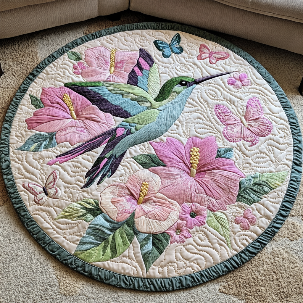 Flight of Wonder Quilted Round Mat Round Rug Mat Hummingbird Gift Ideas