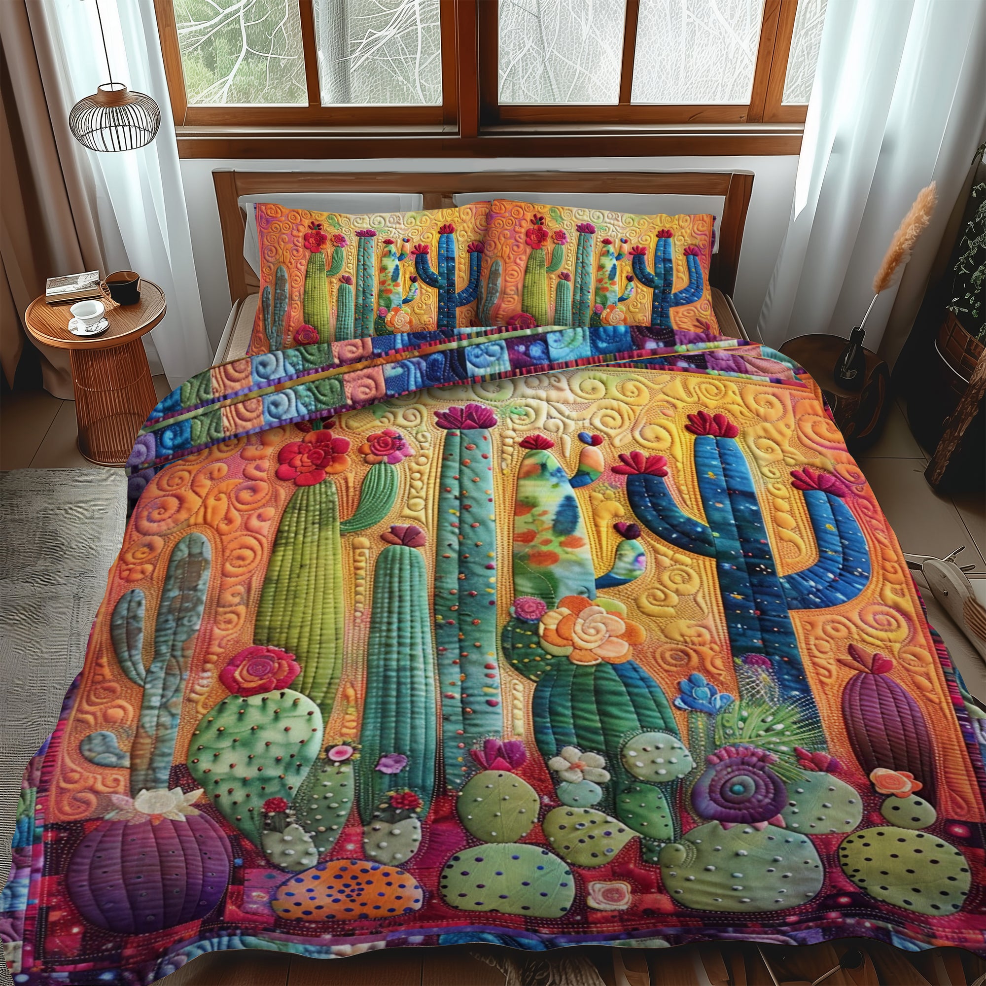 Flora Cactus Quilted Bedding Set Best Comforter Sets Gifts For Cactus Lovers