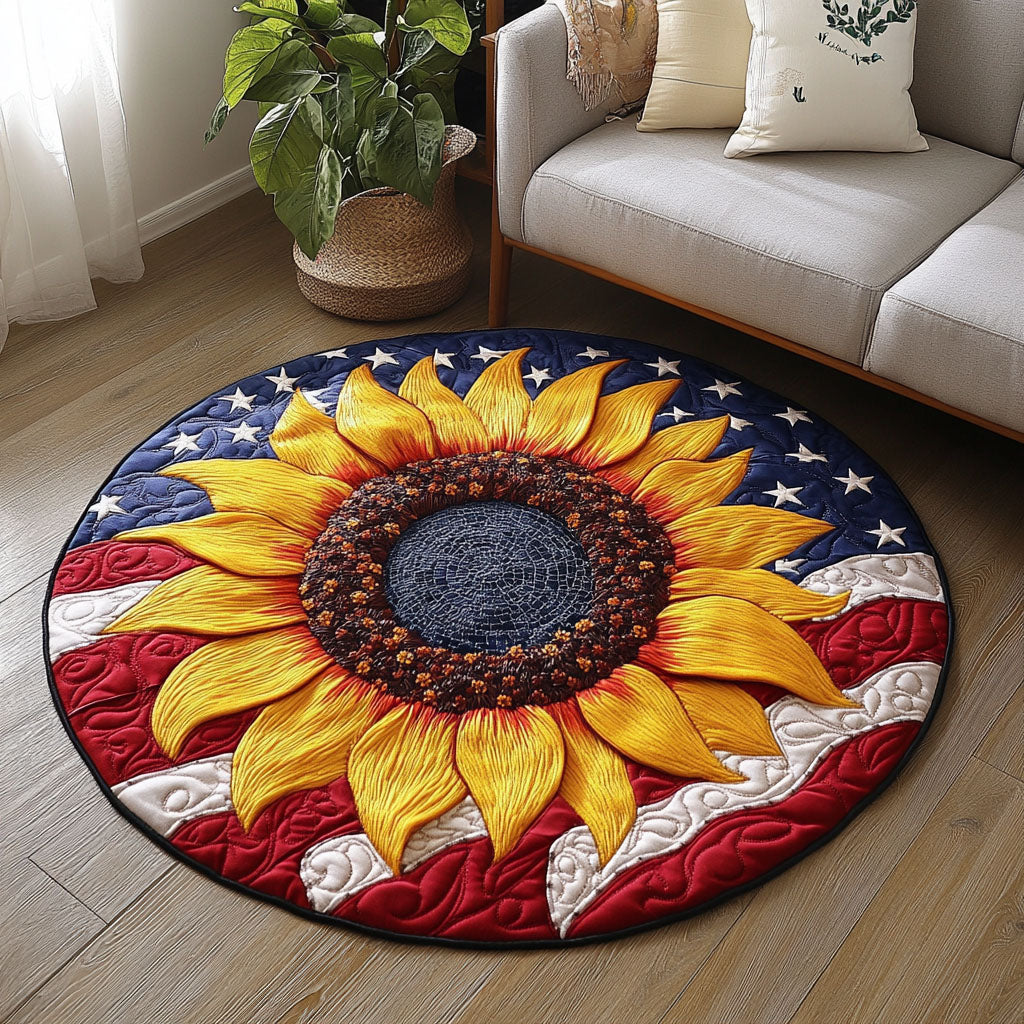 Floral American Flag Quilted Round Mat Modern Circle Rug Patriotic Mothers Day Gifts