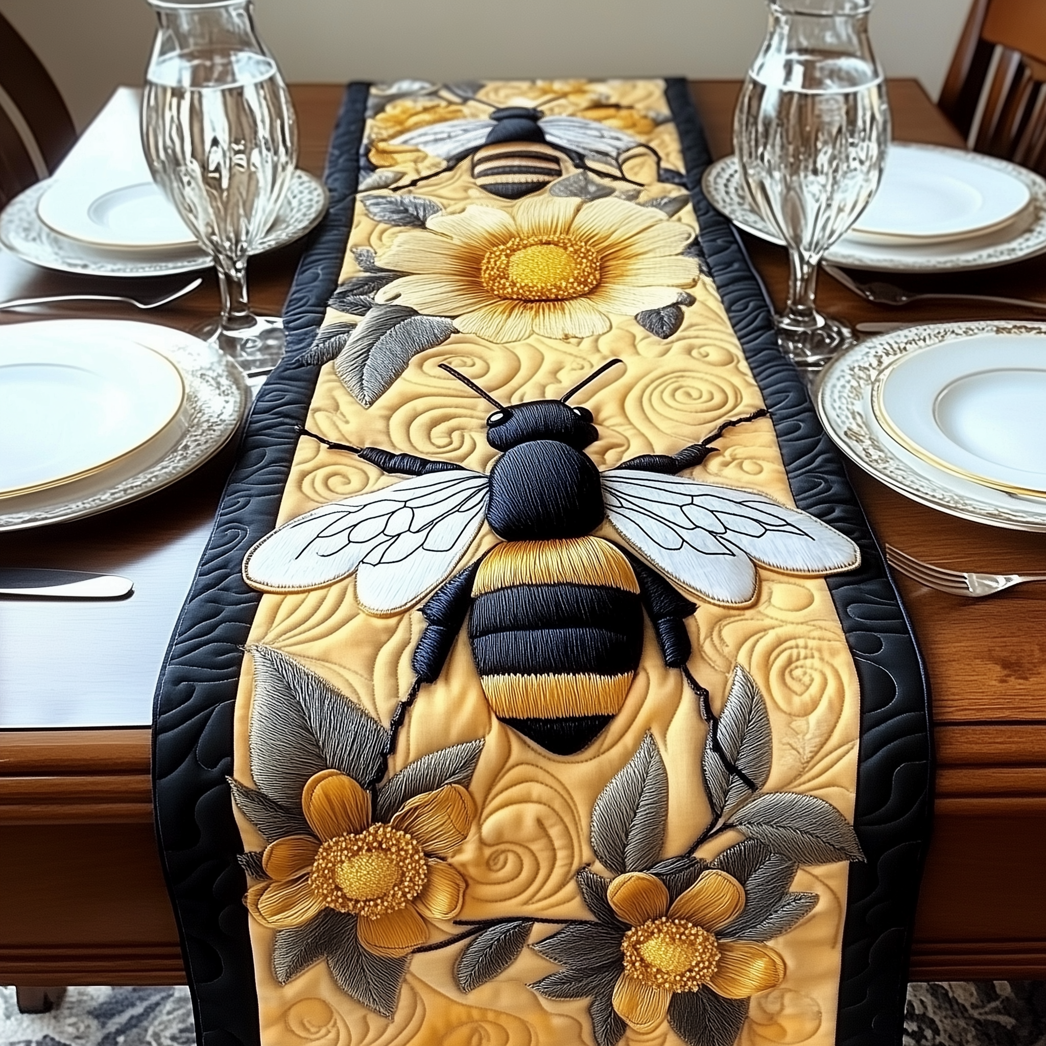 Floral Bee Quilted Table Runner Bohemian Style Table Runner Bee Inspired Gifts