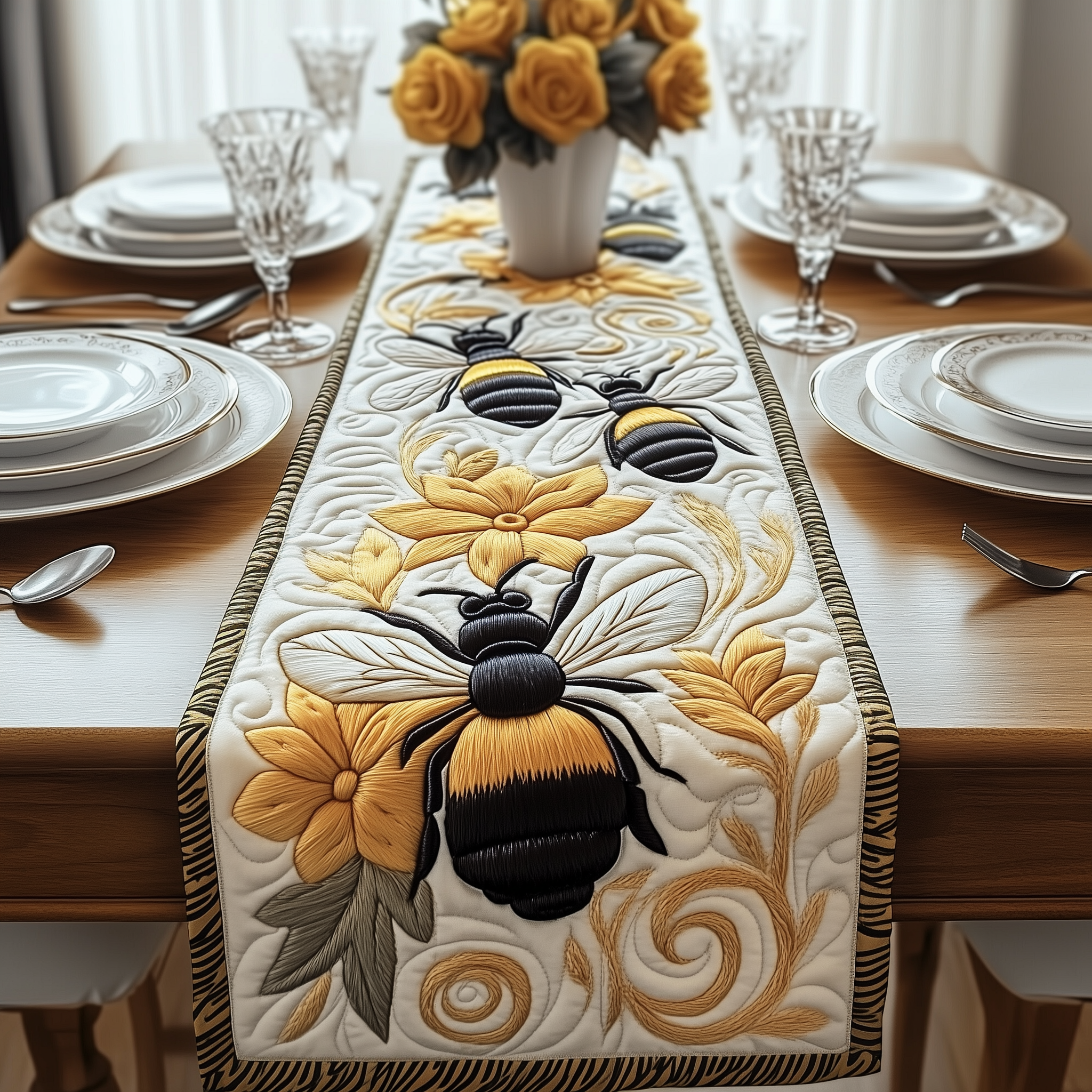 Floral Bee Quilted Table Runner Boho Macrame Table Runner Best Gifts For Beekeepers