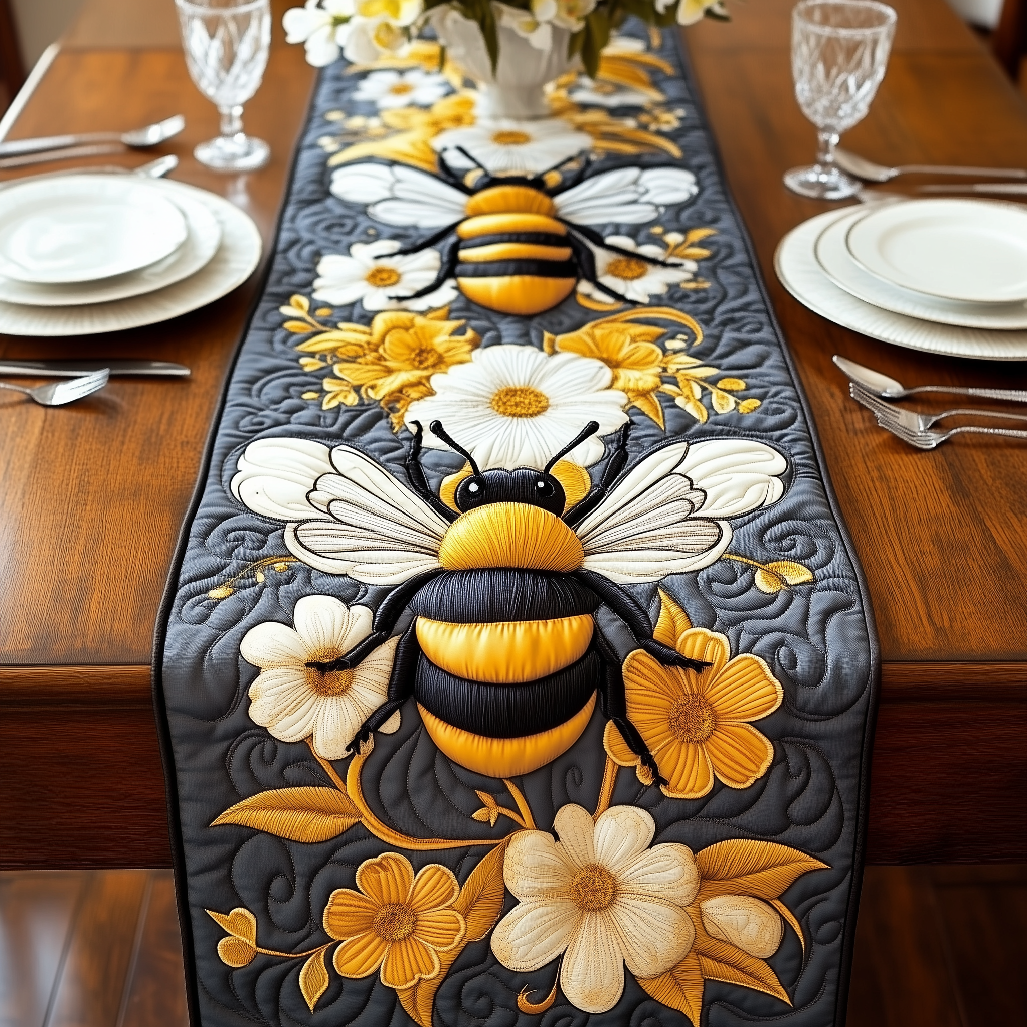 Floral Bee Quilted Table Runner Dining Room Centerpieces Bumblebee Gifts For Her
