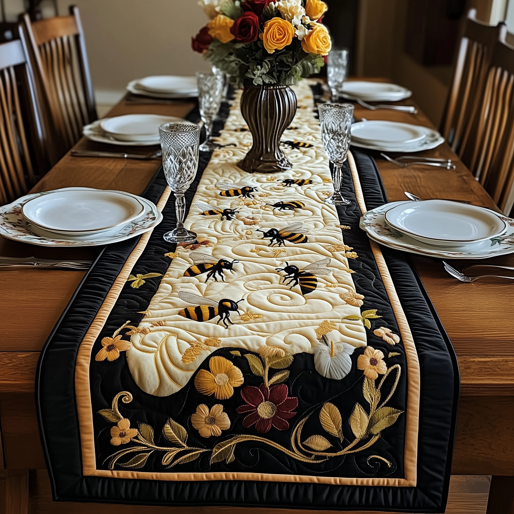 Floral Bee Quilted Table Runner Dining Room Table Toppers Gifts For Bee Lovers