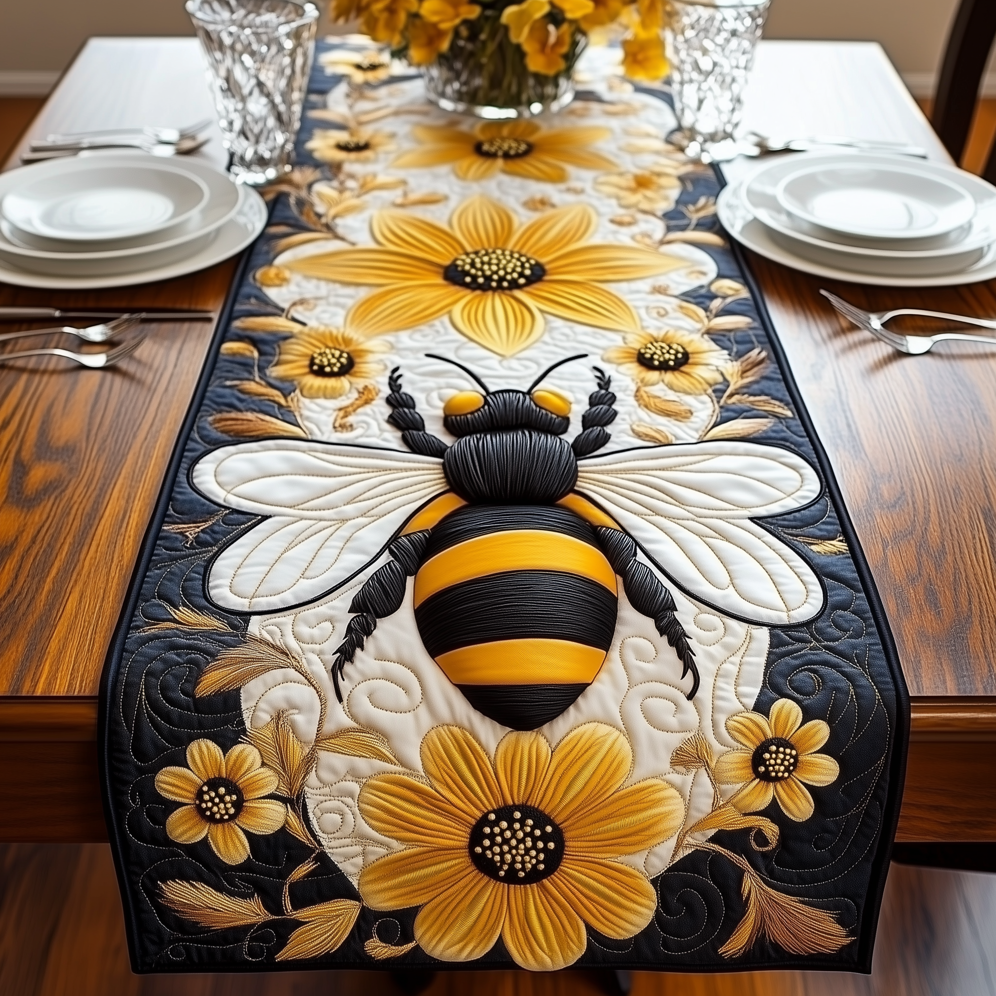 Floral Bee Quilted Table Runner Unique Table Runner Ideas Gifts For Beekeepers