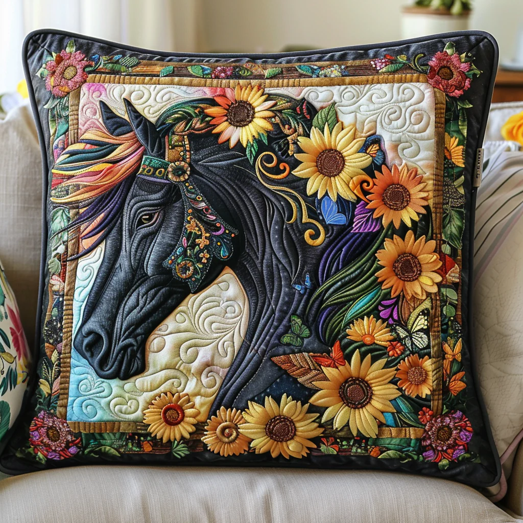 Floral Black Horse Quilted Pillow Case Accent Pillow Cover Great Gifts For Women