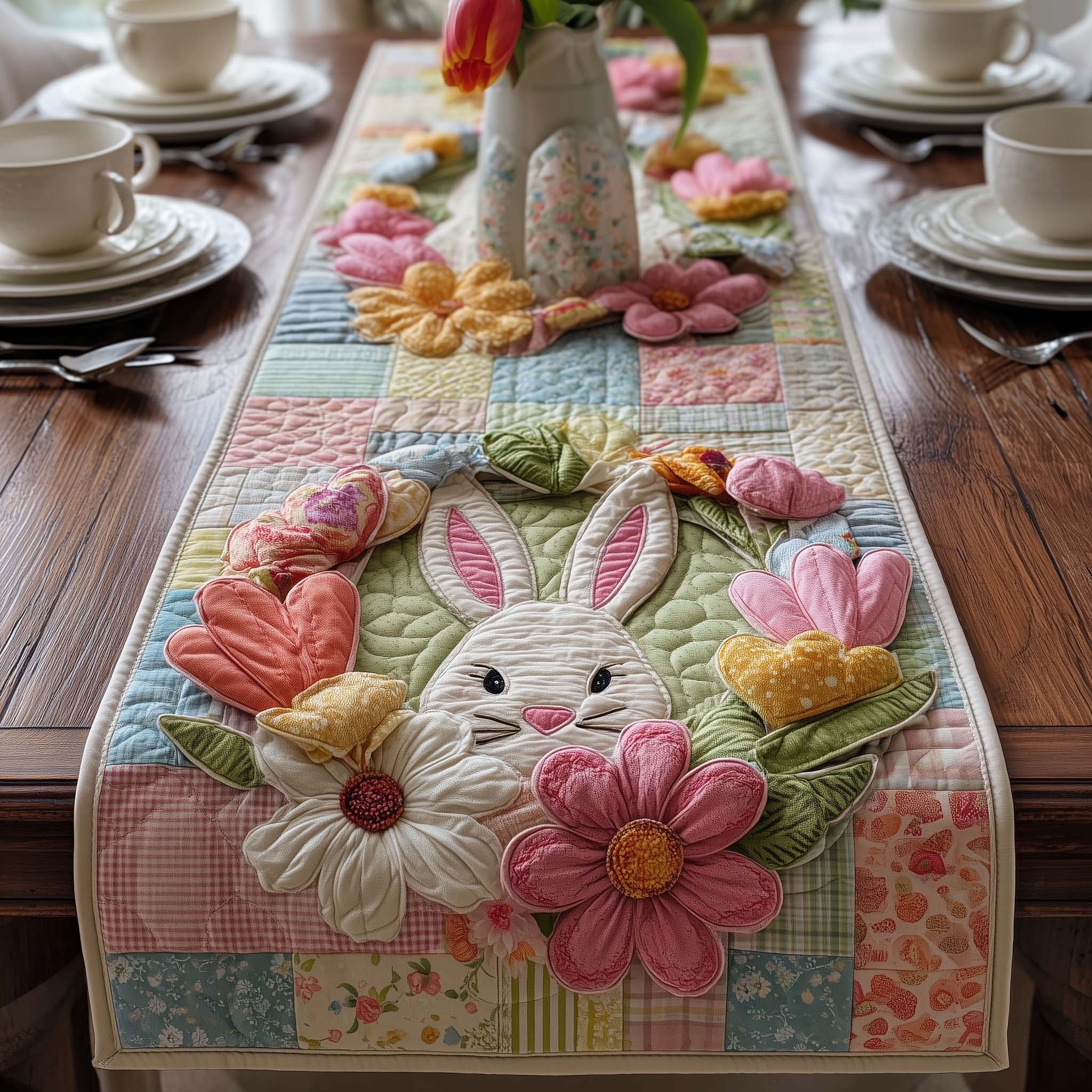 Floral Bunny Quilted Table Runner Easter Table Decor Rabbit Gift Ideas