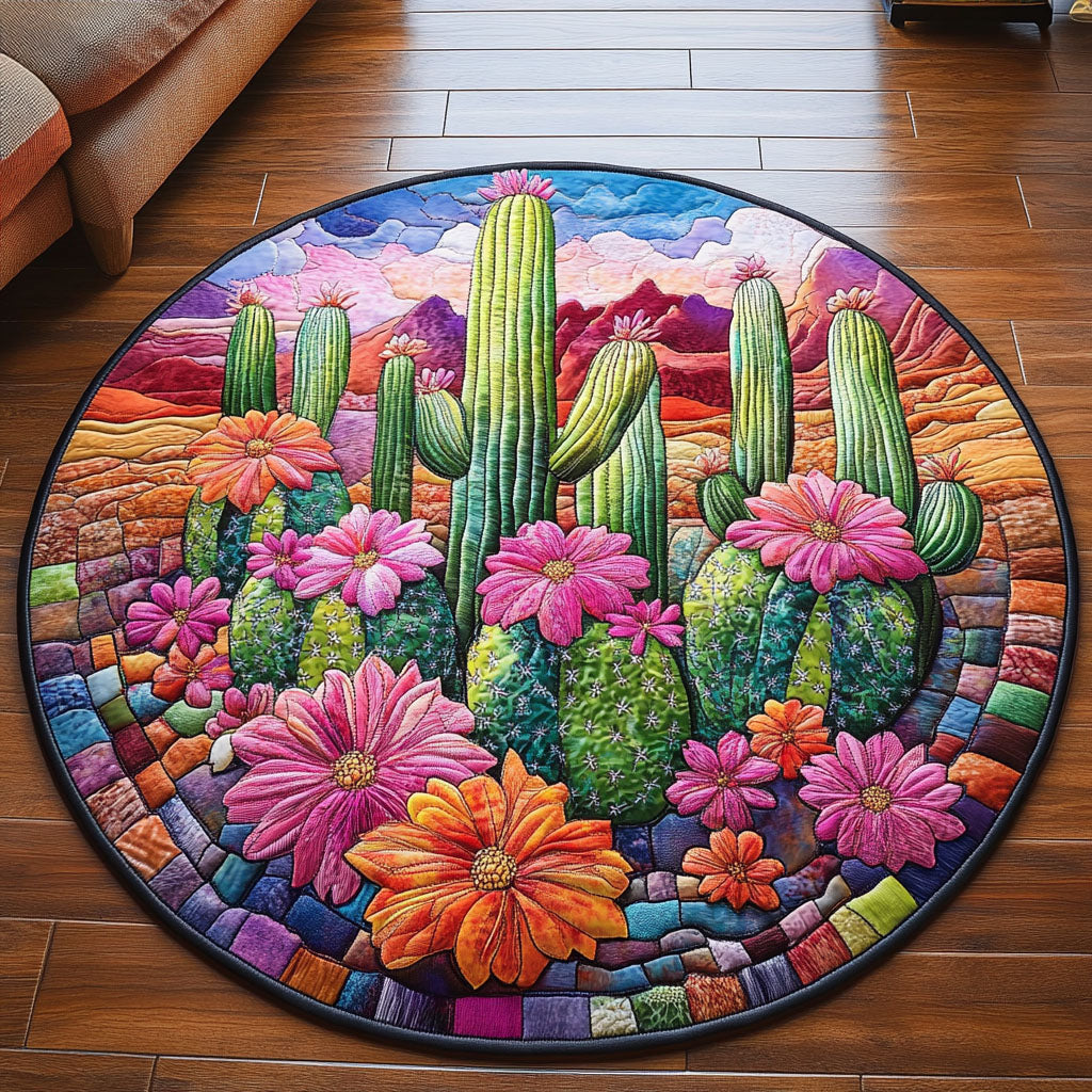 Floral Cactus Quilted Round Mat Circle Floor Rugs Cute Cactus Gifts