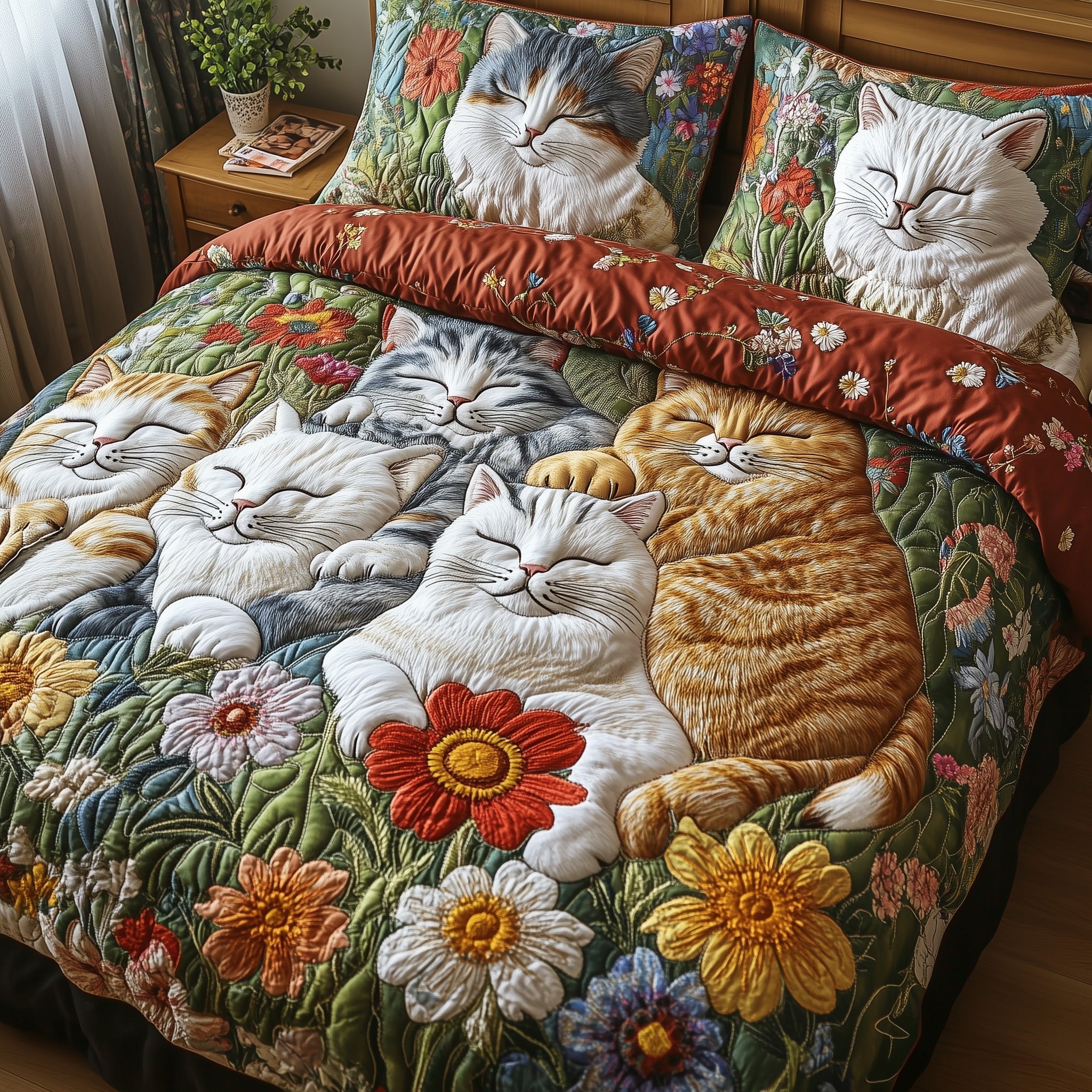 Floral Cat Haven Quilted Bedding Set Unique Bed Sheet Set Cool Gifts Cat Lovers