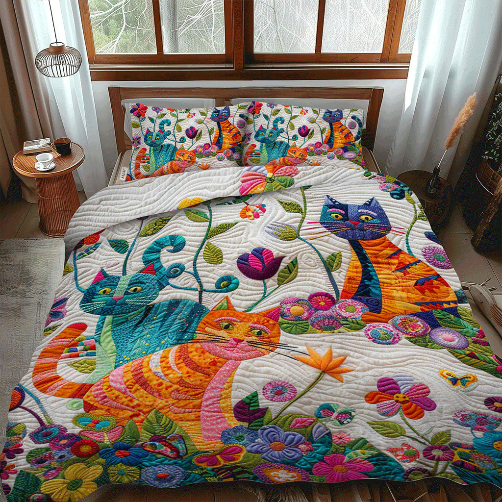 Floral Colorful Cats Quilted Bedding Set Cute Sheet Sets Cat Related Gifts