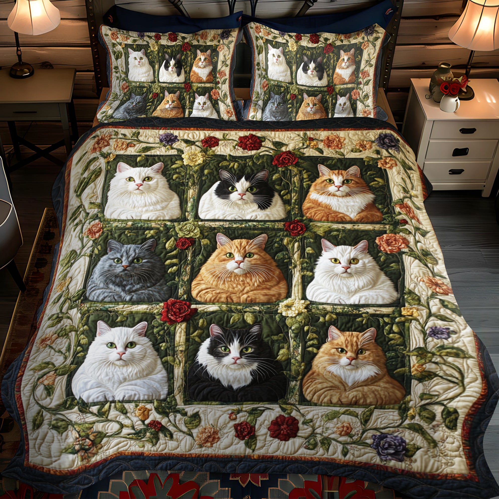 Floral Colorful Cats Quilted Bedding Set Unique Bed Sheet Set Awesome Gifts For Cat Lovers