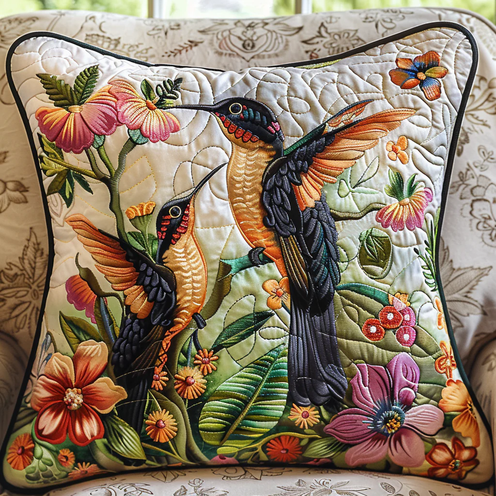 Floral Couple Hummingbirds Quilted Pillow Case Accent Pillow Cover Great Gifts For Her