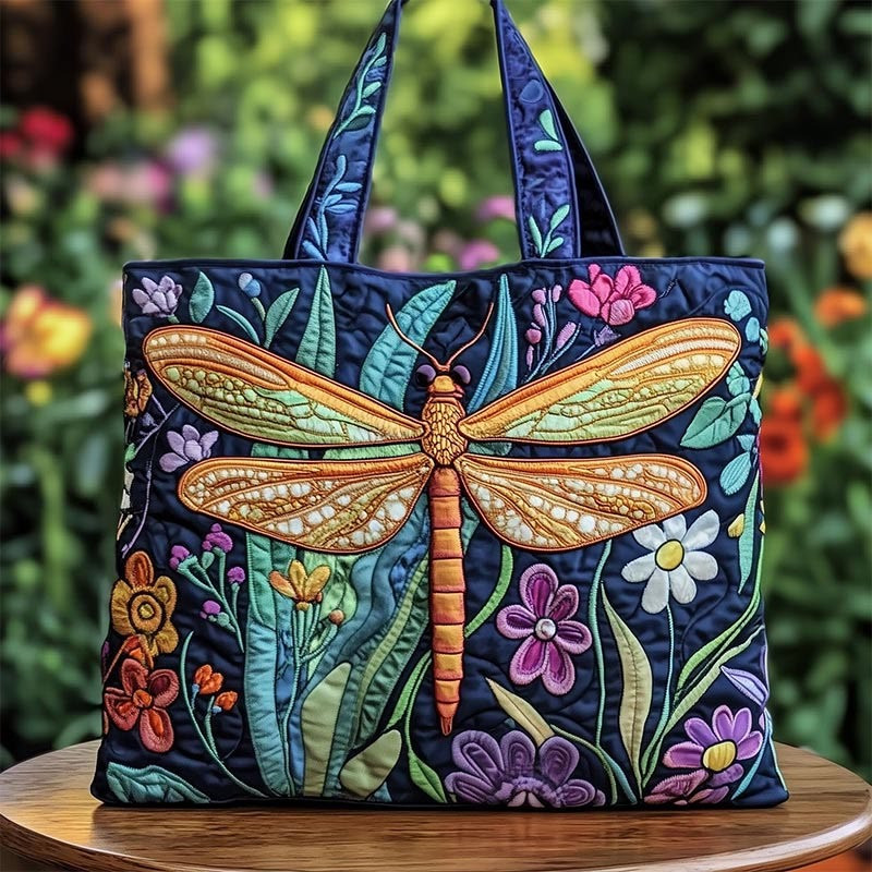 Floral Dragonfly Pattern Quilted Tote Bag Large Eco-friendly Bag For Travel Gift For Men