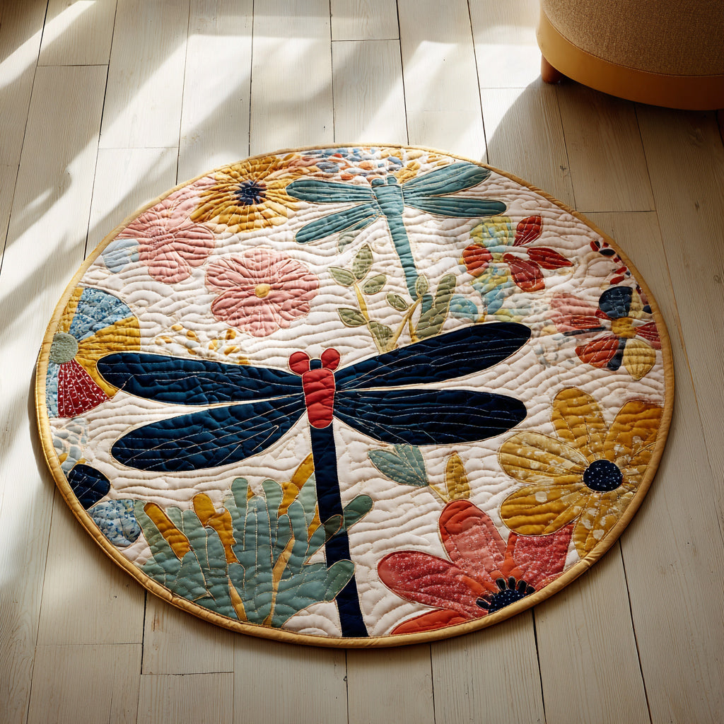 Floral Dragonfly Quilted Round Mat Round Mats For Floor Unusual Dragon Gifts