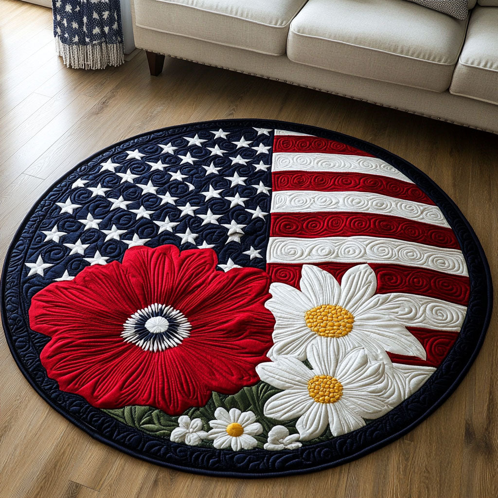 Floral Flag Quilted Round Mat Round Holiday Rugs Patriotic Themed Gifts
