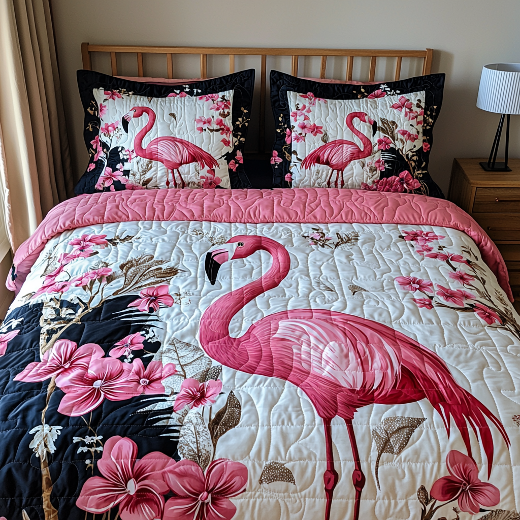Floral Flamingo Quilted Bedding Set Cozy Bedroom Decor Unique Pink Flamingo Gifts