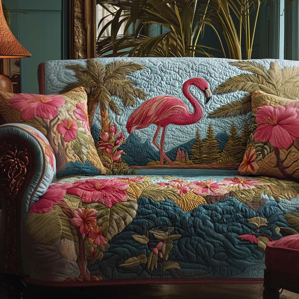 Floral Flamingo Quilted Sofa Cover Sofa Couch Cover Gifts For Flamingo Lovers