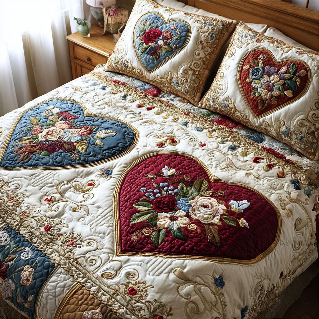 Floral Heart Patchwork Quilted Bedding Set Romantic Bedroom Decor Valentines Day Present