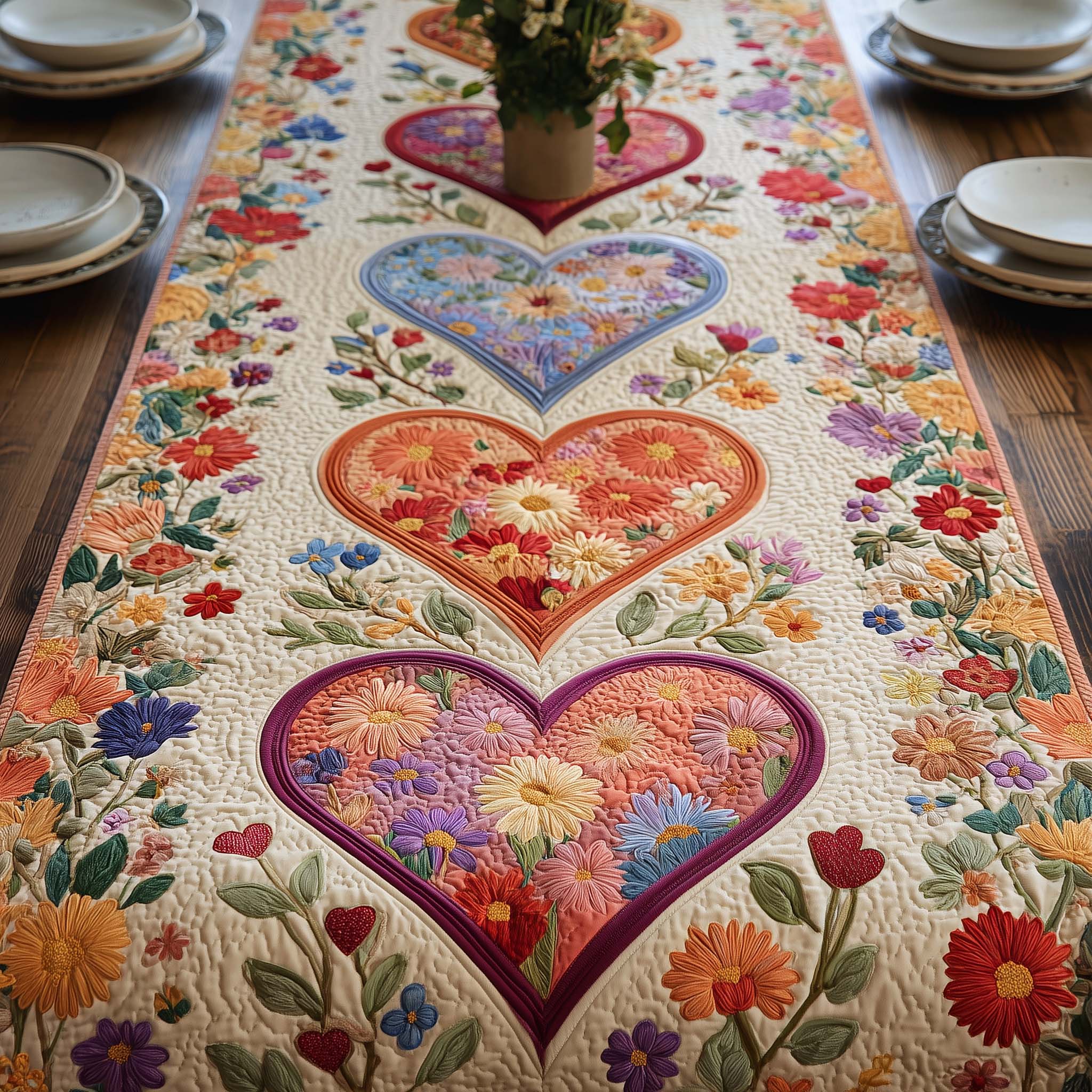 Floral Heart Quilted Table Runner Romantic Table Setting Valentine Day Gifts For Coworkers