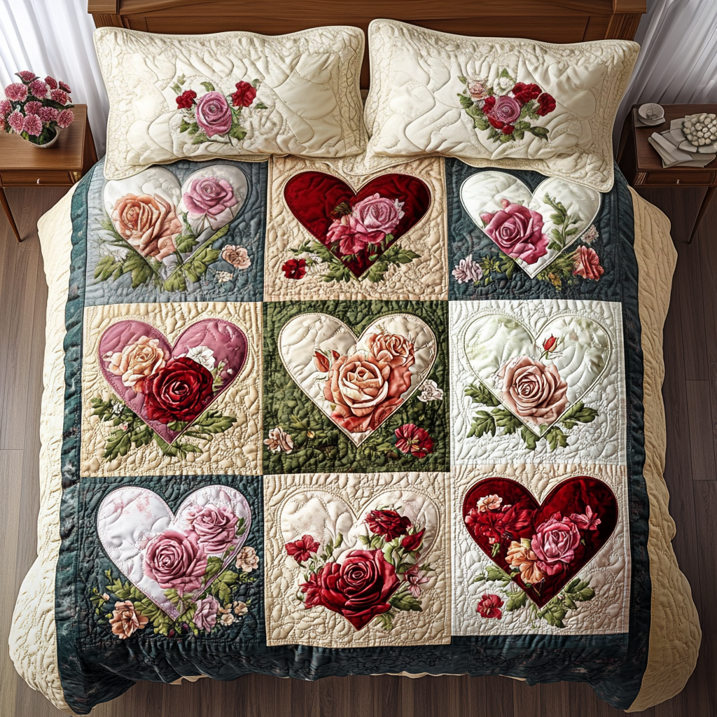 Floral Heart Trails Quilted Bedding Set Bed Decorations Valentine'S Day Gifts For Her