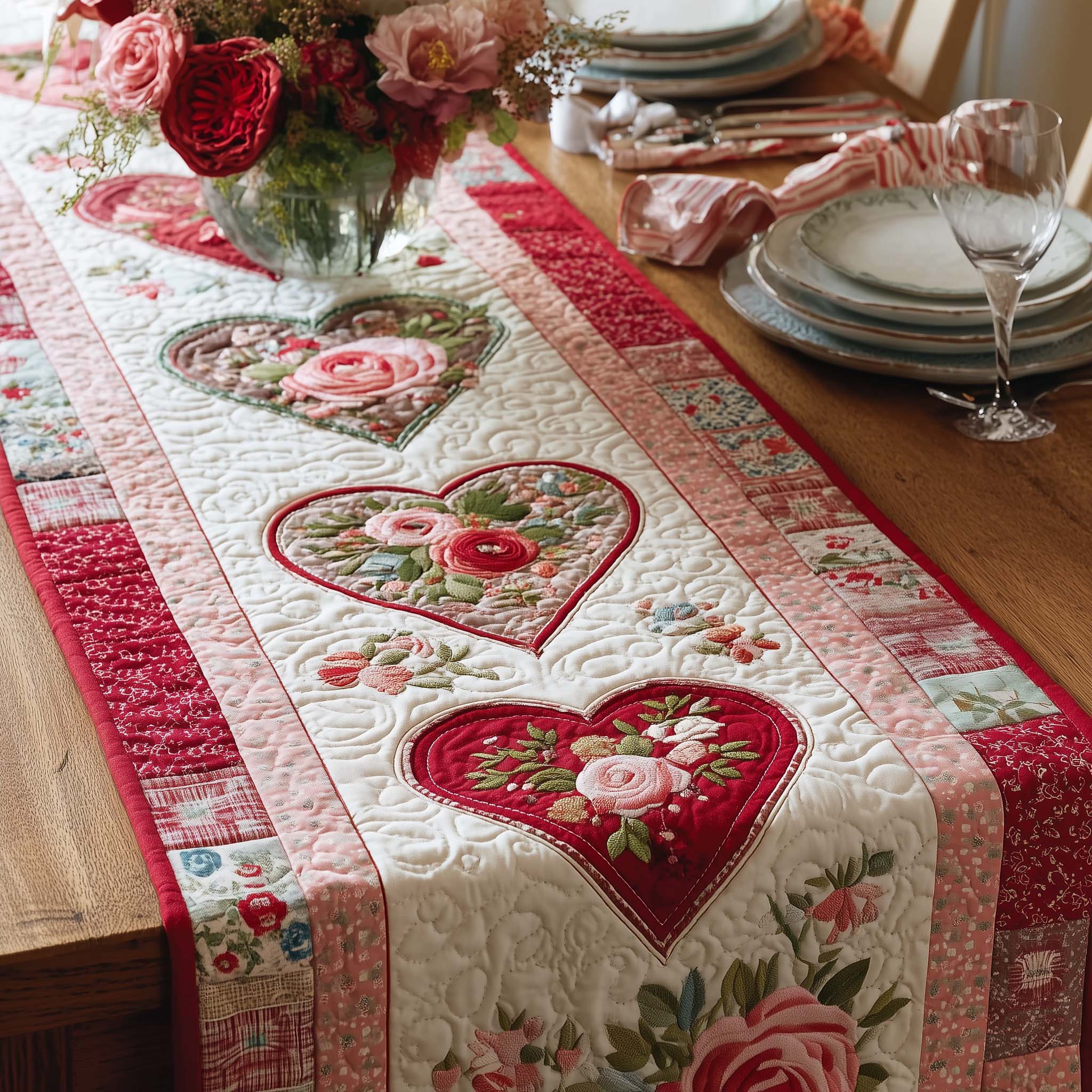Floral Hearts Quilted Table Runner Dining Decor Great Birthday Gifts For Mom
