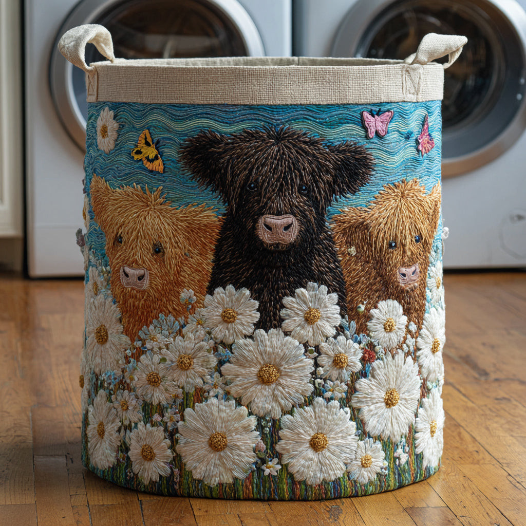 Floral Highland Cow Quilted Laundry Basket Folding Laundry Hamper Best Highland Cattle Gifts Items