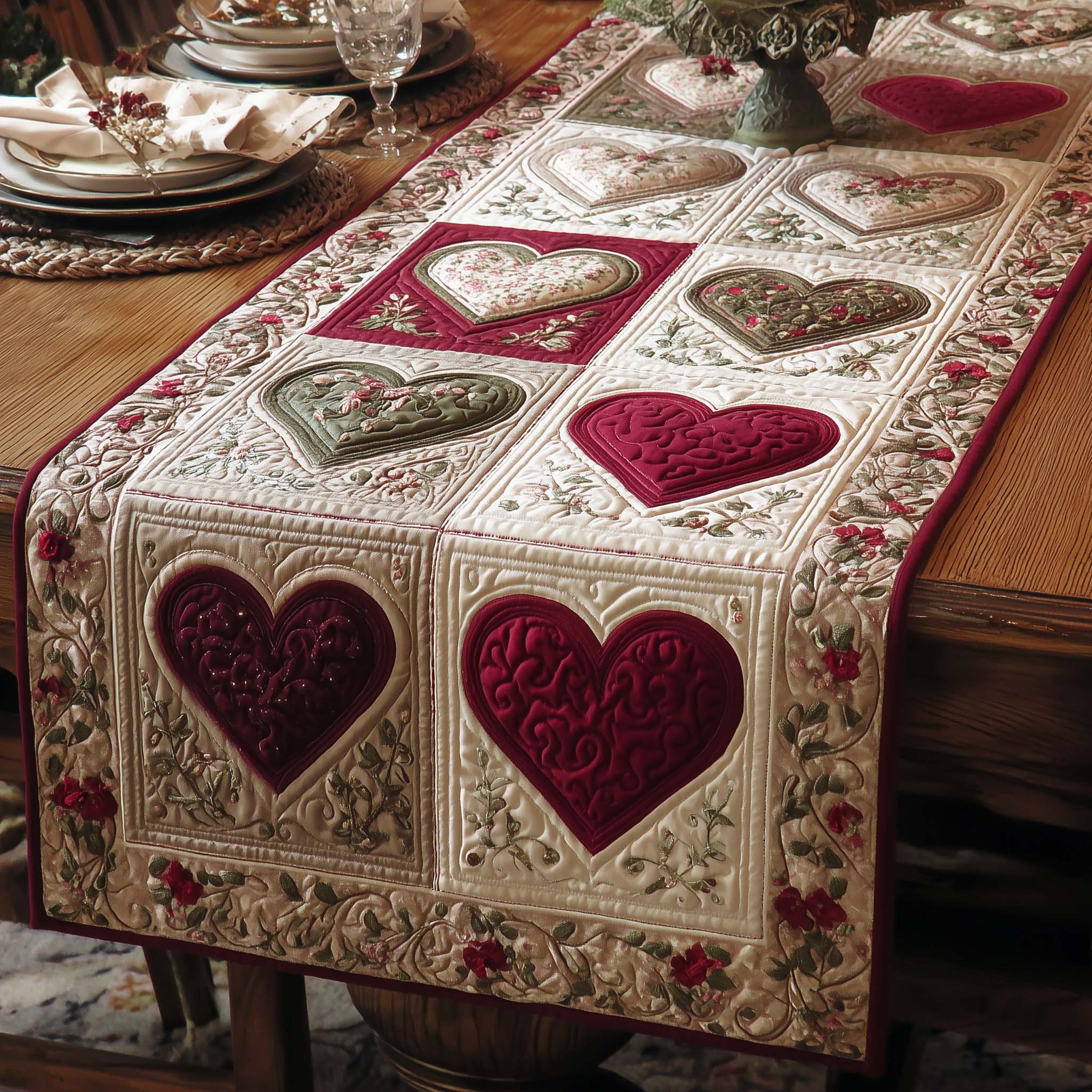 Floral Love Quilted Table Runner Valentine Table Runner Valentine Day Gifts For Wife