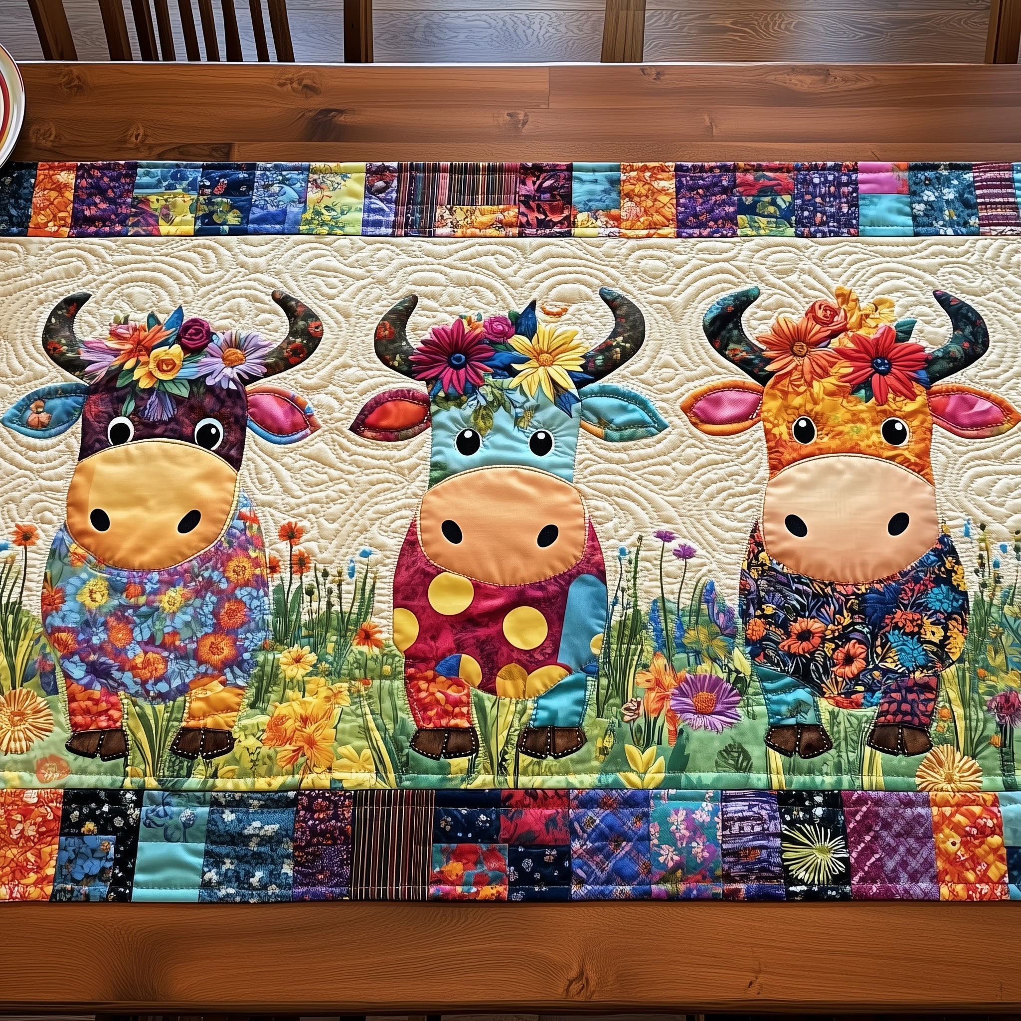 Floral Moo Parade Quilted Table Runner Dining Room Decor Highland Cattle Gifts