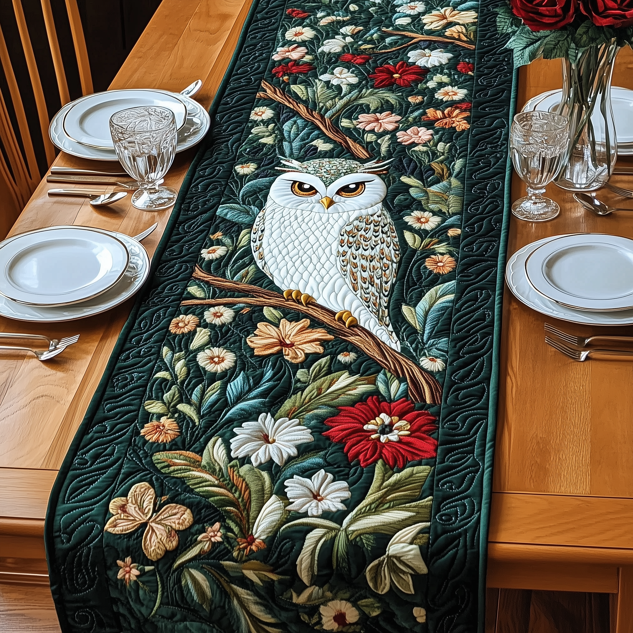 Floral Owl Quilted Table Runner Dining Table Decor Gifts With Owls On Them