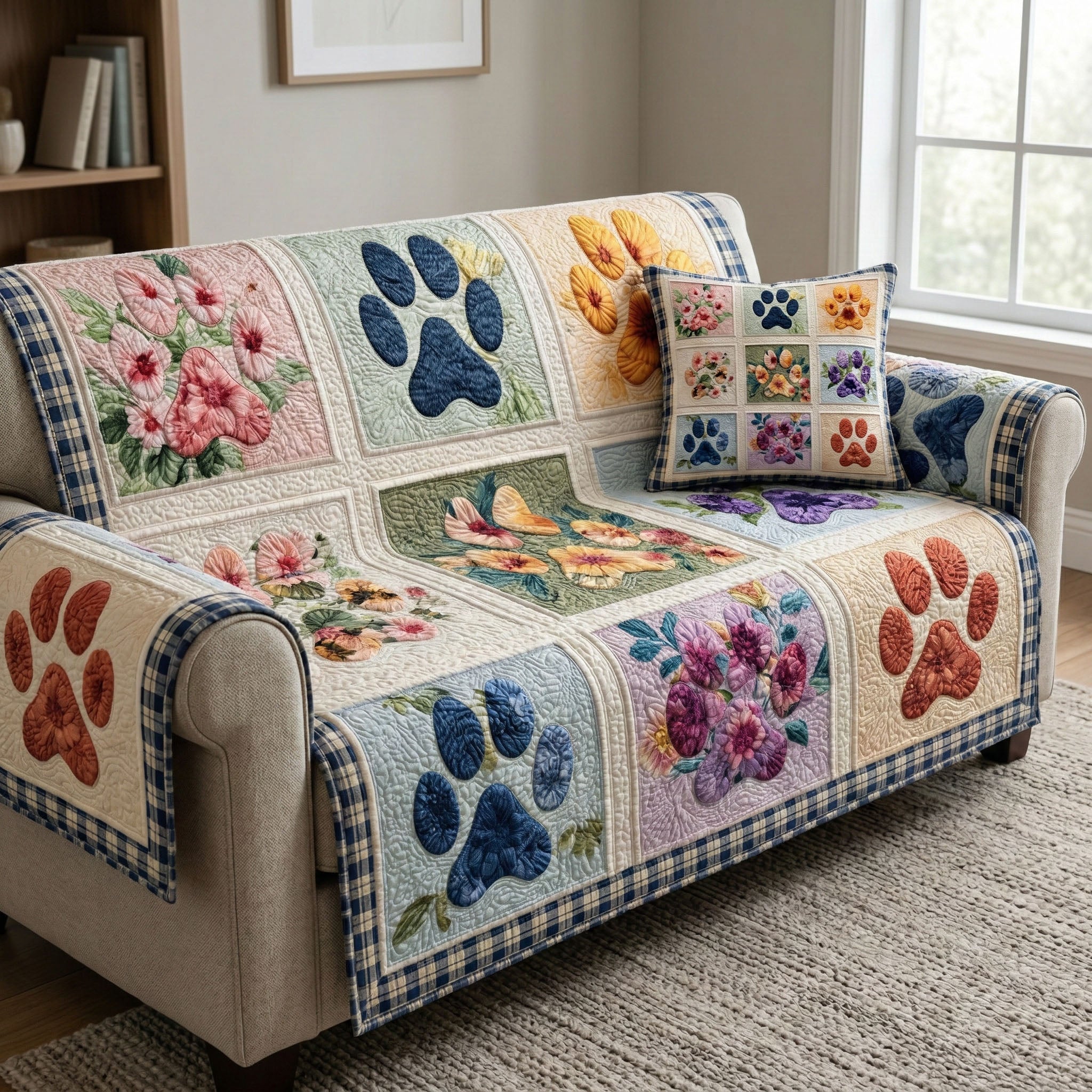 Floral Paw Quilted Sofa Cover Sofa Chaise Cover Dog Lover Gifts For Him Her